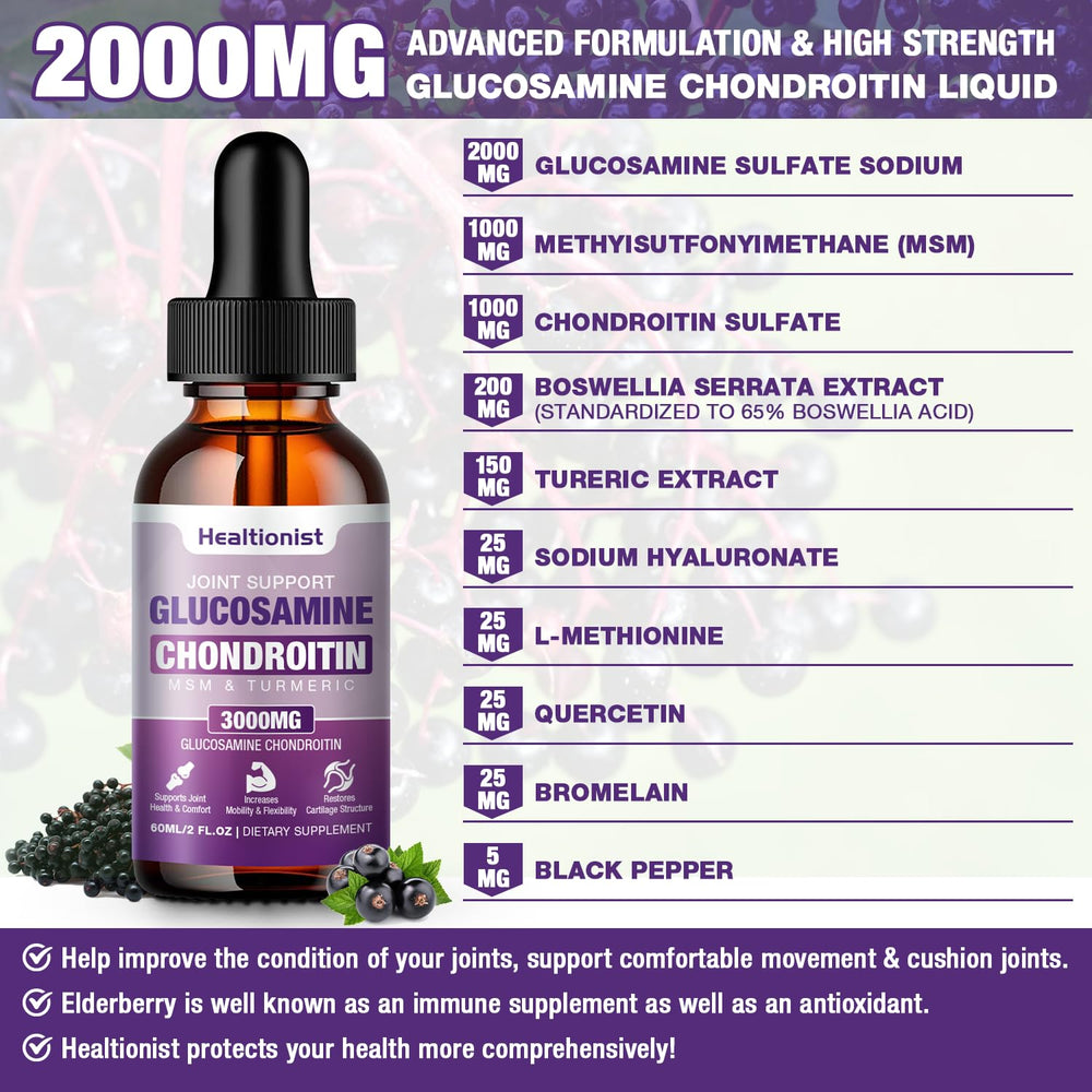 Healtionist glucosamine-chondroitin liquid drops pour shows precise dosing.