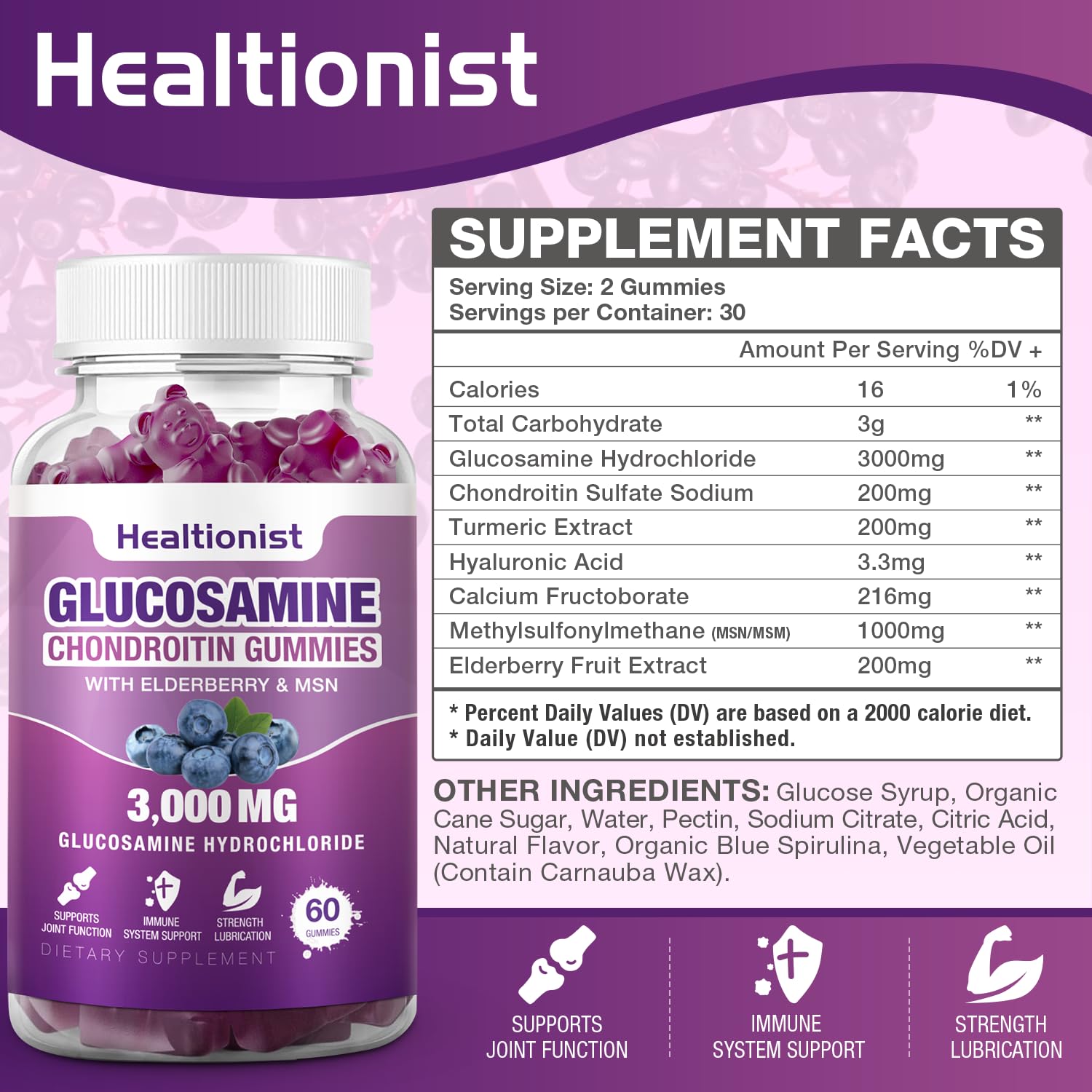 Close-up of Healtionist label highlighting MSM and elderberry for immune support