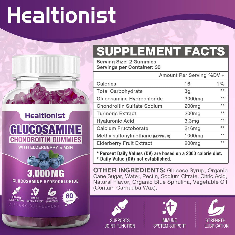 Close-up of Healtionist label highlighting MSM and elderberry for immune support
