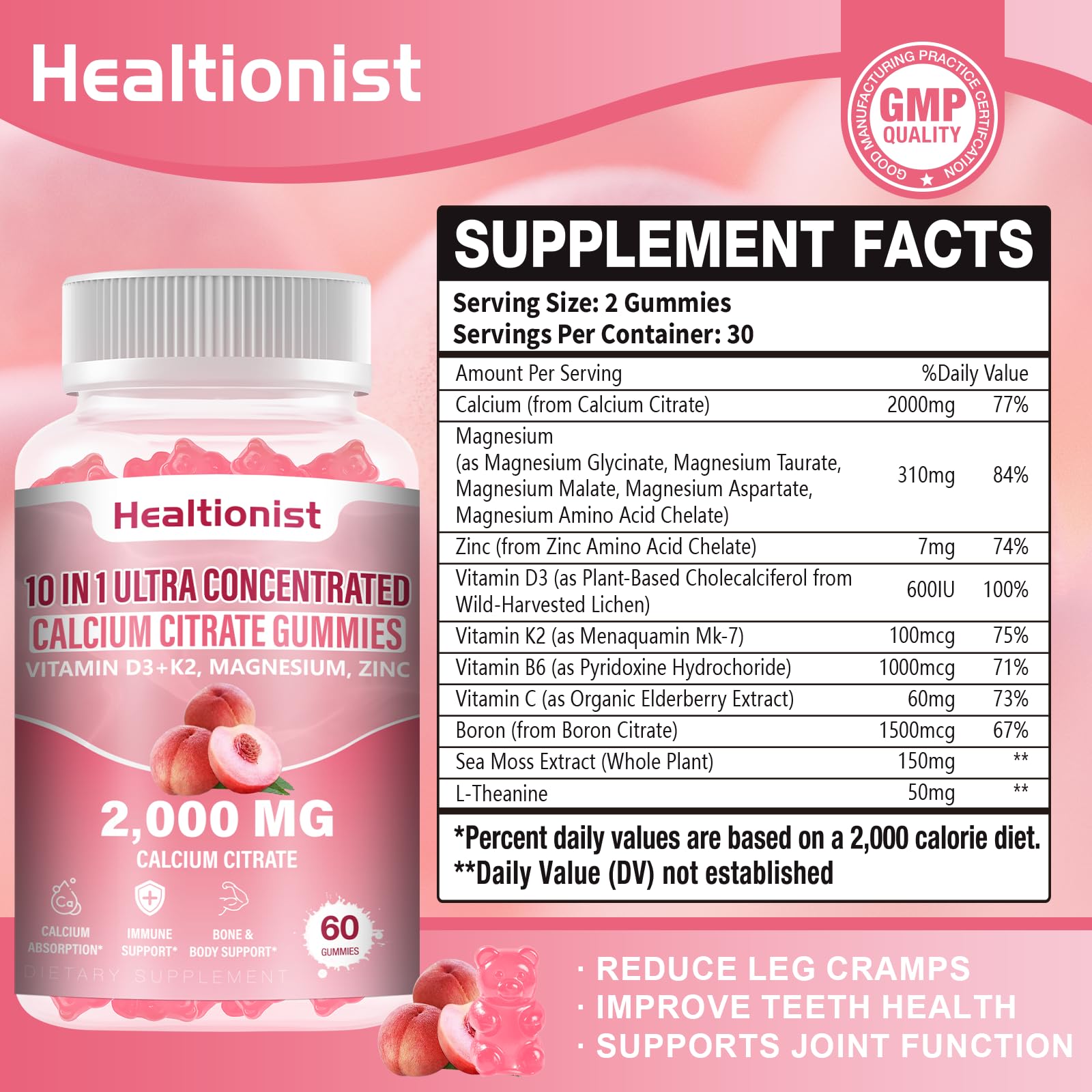 Healtionist peach-flavored gummies close-up for tasty daily calcium intake.