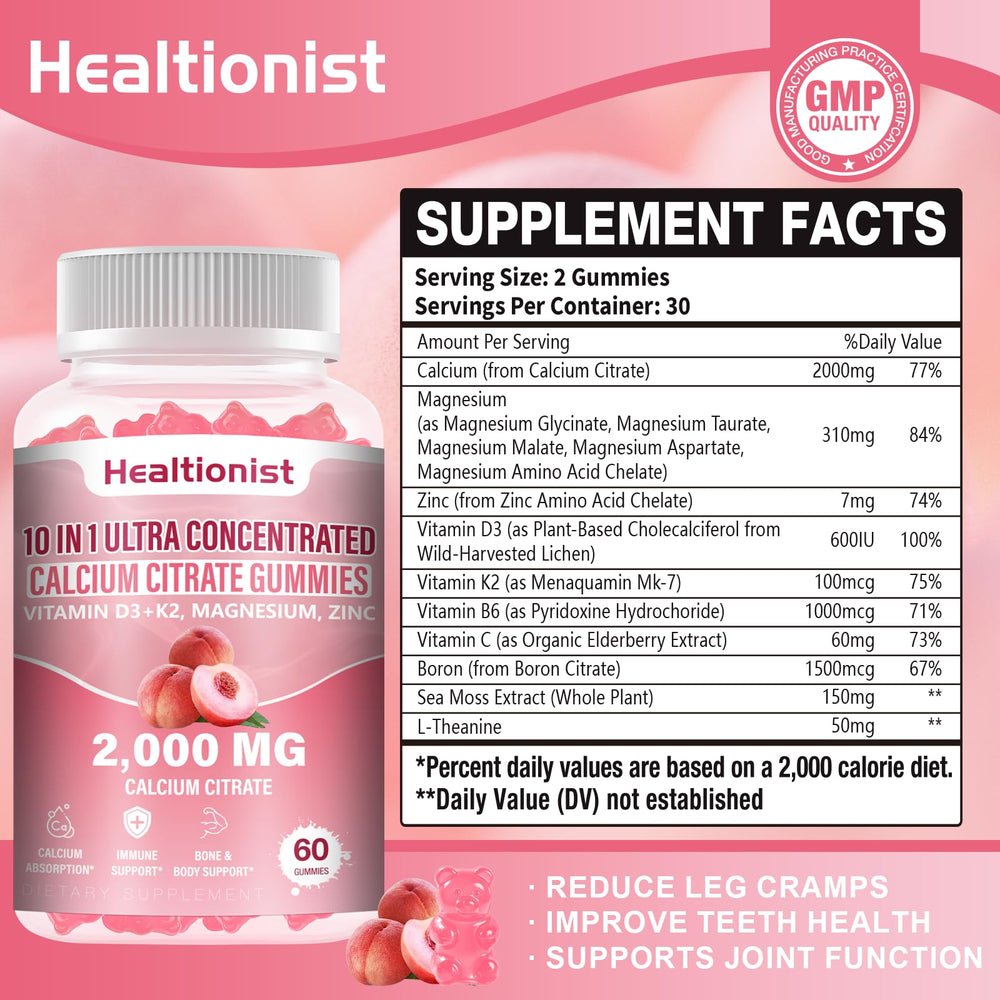 Healtionist peach-flavored gummies close-up for tasty daily calcium intake.