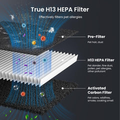 HEAPETS P358 close up of washable HEPA filter and double-sided design
