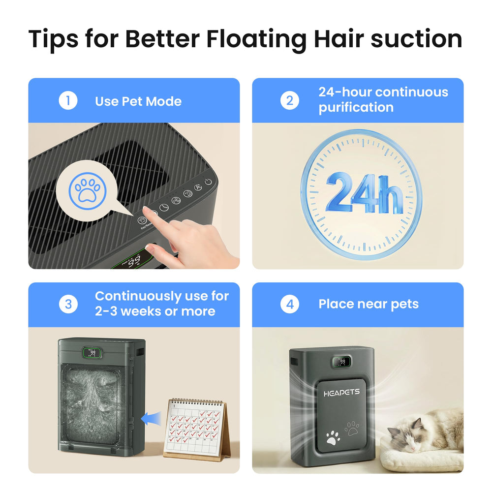 HEAPETS P358 pet mode demonstrates strong suction for pet hair capture