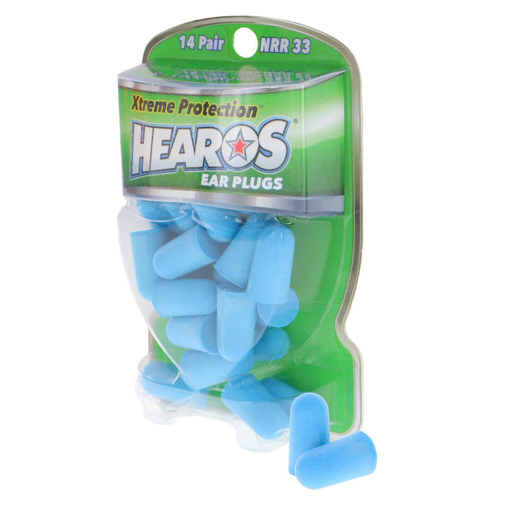 Hearos Xtreme Ear Plugs pack shot showing premium noise protection in bright blue.
