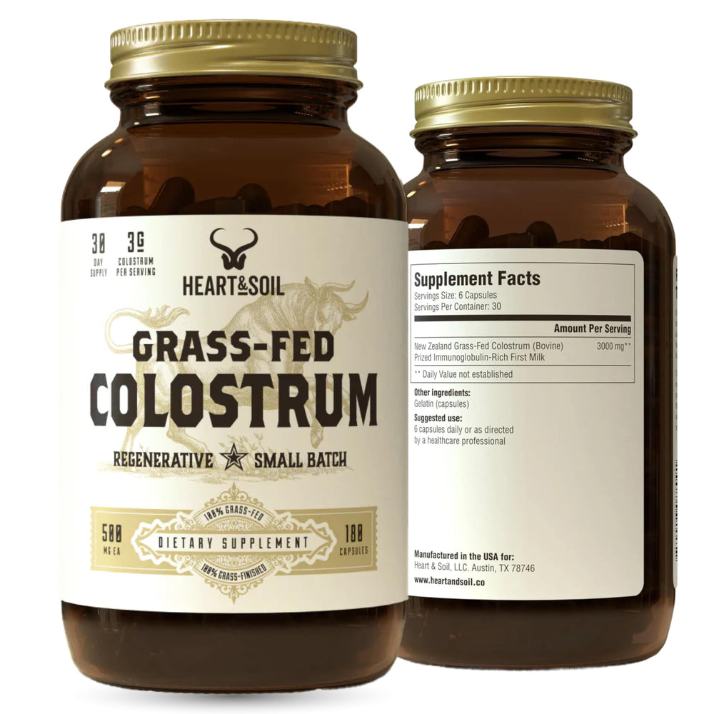 Heart & Soil colostrum capsule bottle close-up promotes gut health support.