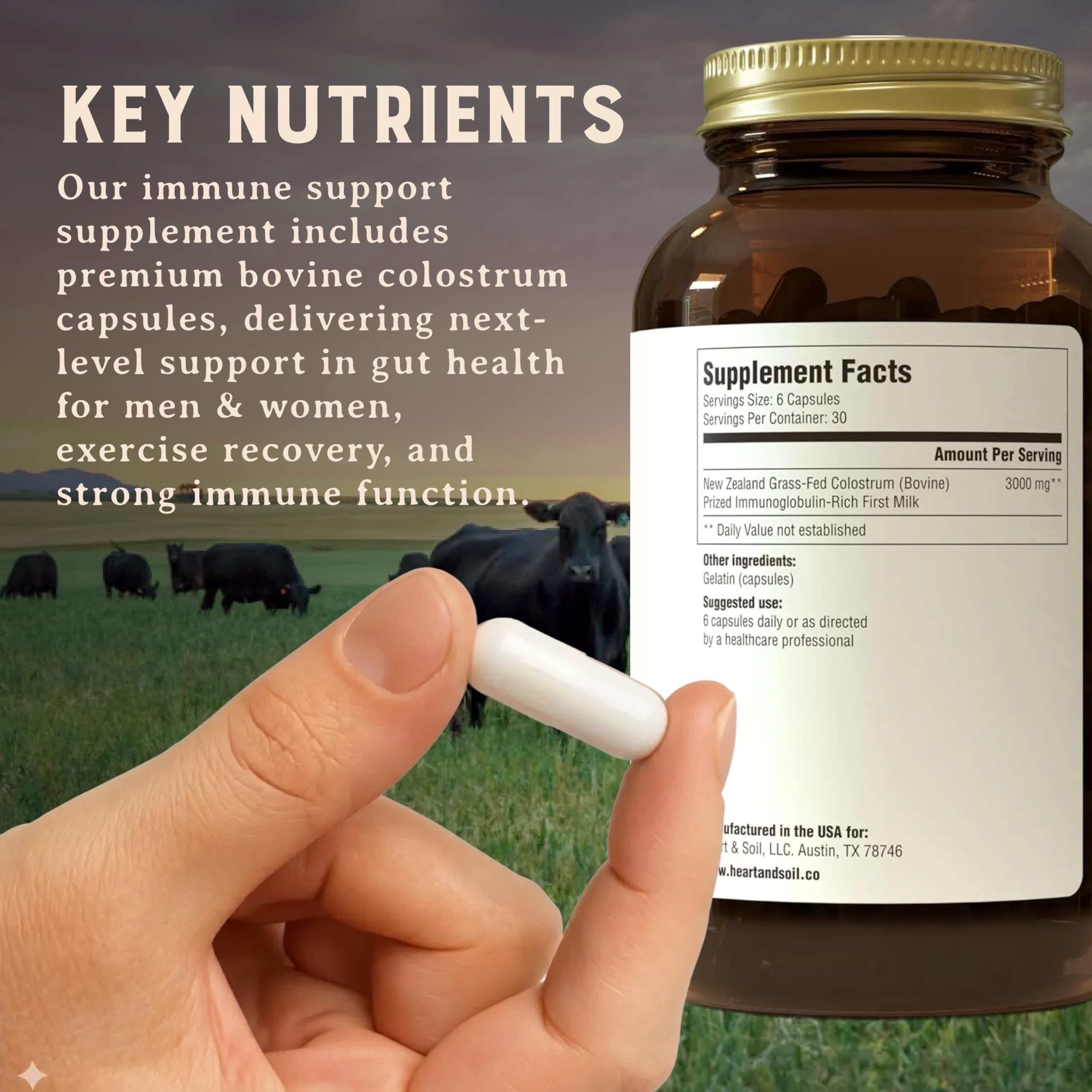 Heart & Soil daily dosing guide bottle supports easy routine.