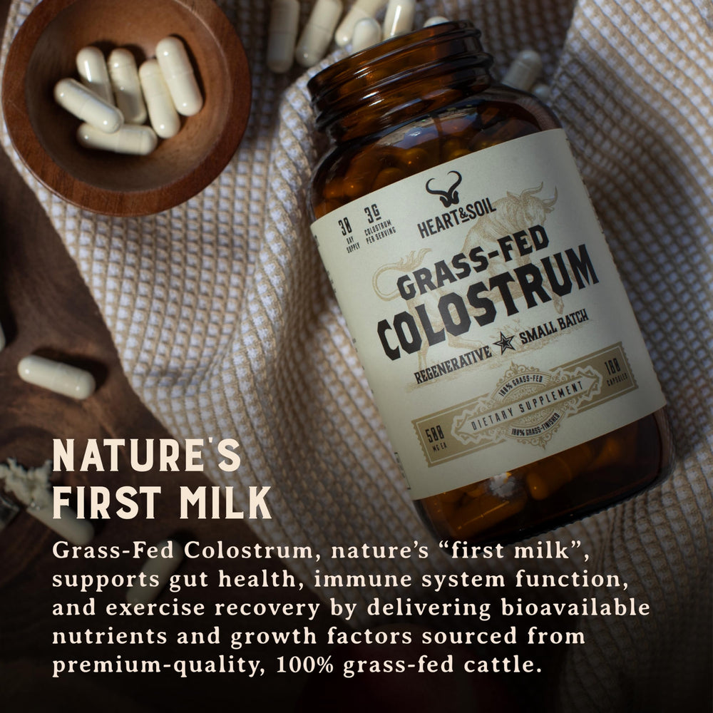 Heart & Soil digestive balance colostrum promotes gut harmony.