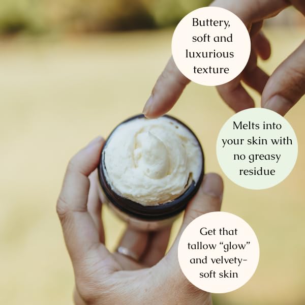 Hearth and Homestead tallow balm spread demonstrates rich texture for dry skin care.