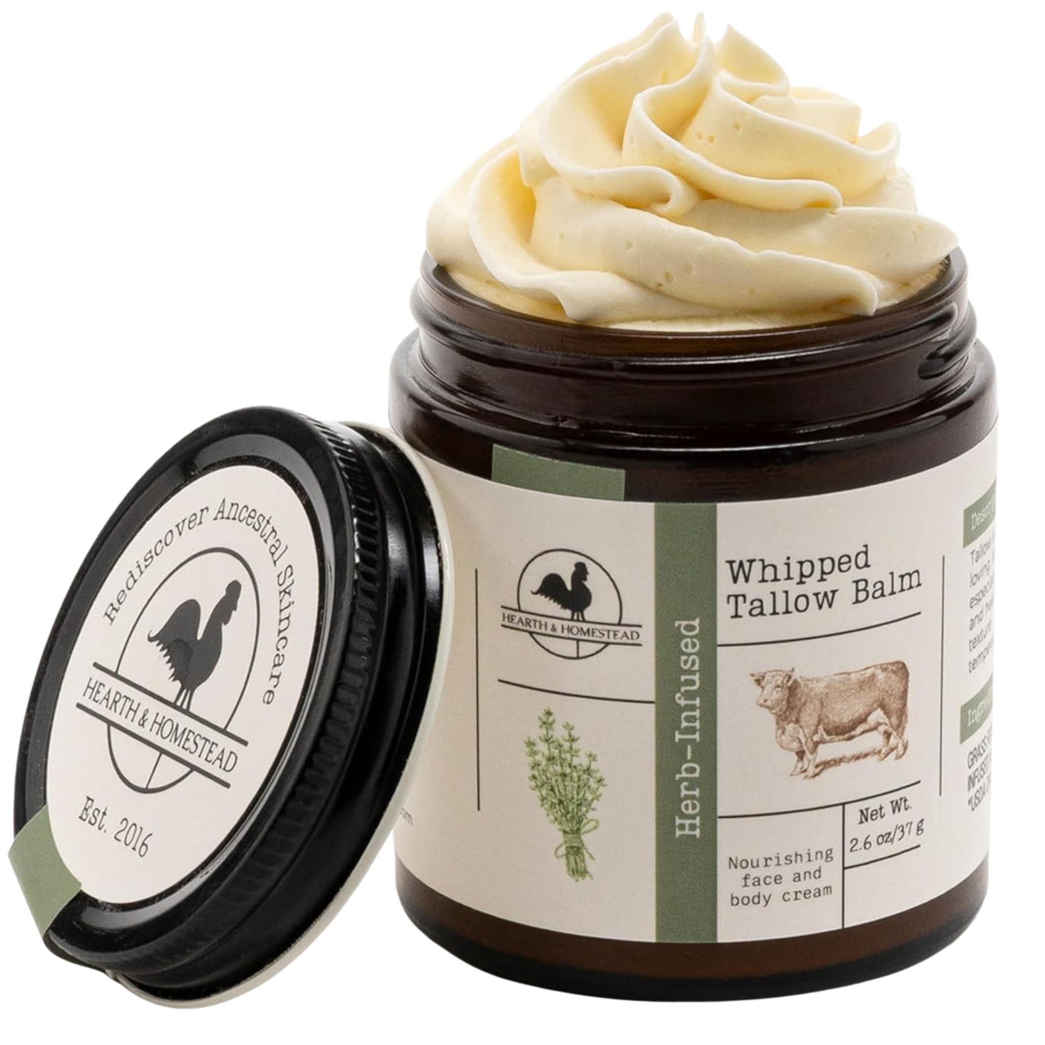 Hearth and Homestead whipped tallow balm unscented large jar; soothing hydration for dry skin.