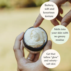 Whipped tallow texture close-up showing smooth, meltable skin balm.