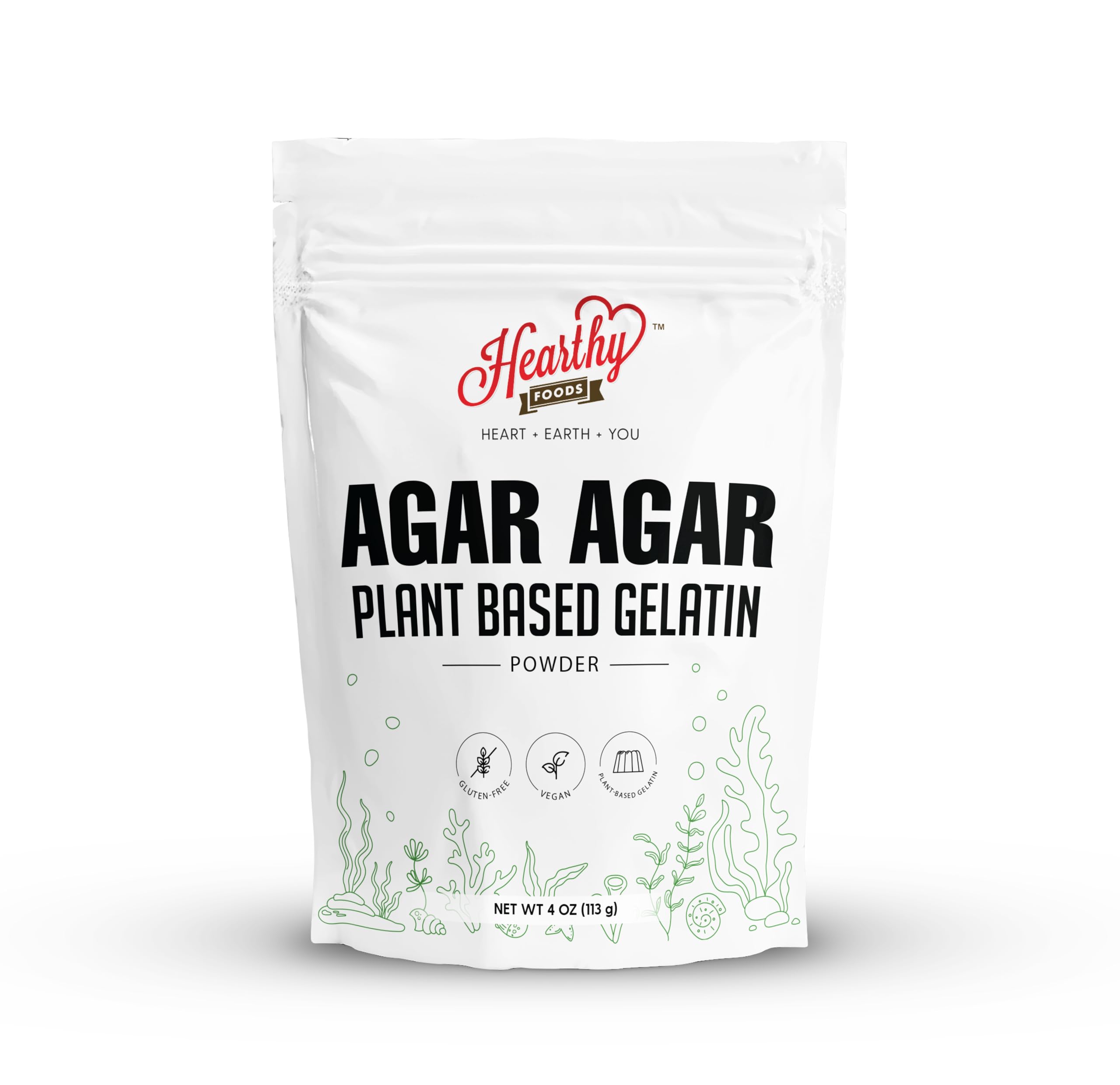 HEARTHY FOODS Agar Agar Powder 4 oz packaging for easy storage and use