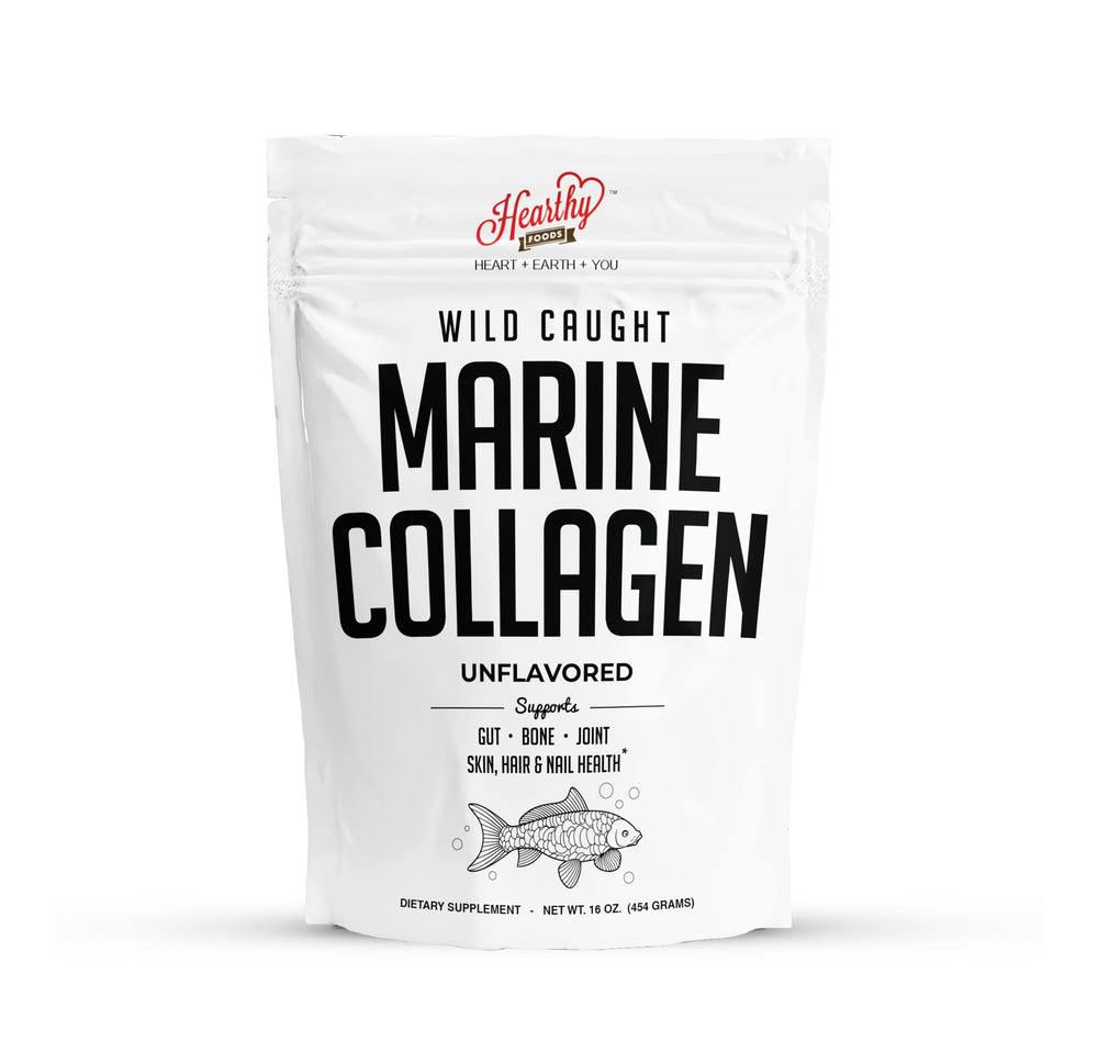 HEARTHY FOODS Marine Collagen Powder bottle shows wild-caught fish sourcing for daily protein support
