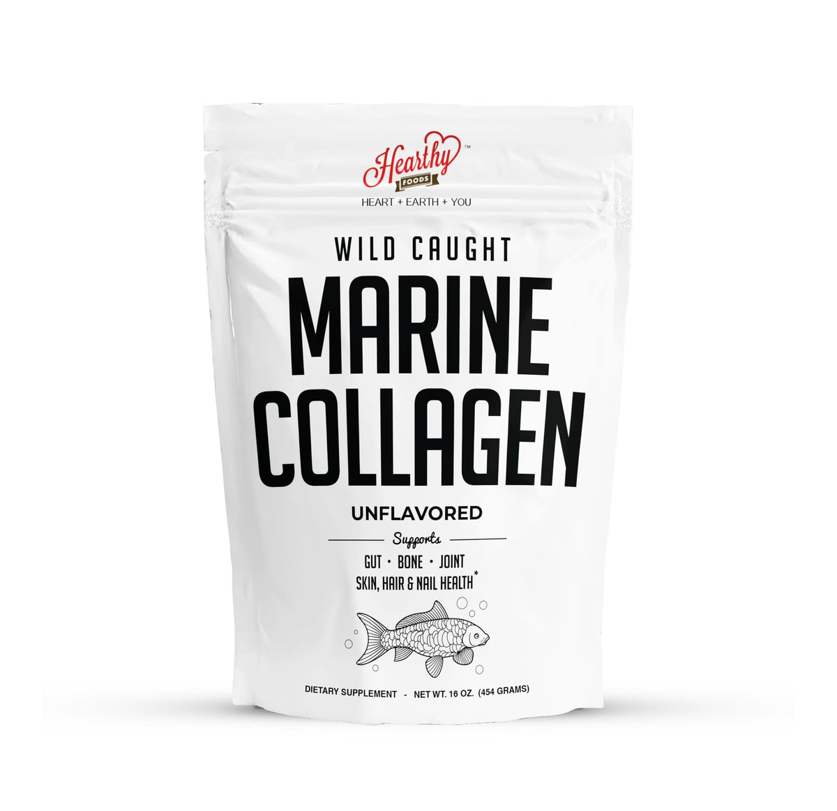 HEARTHY FOODS Marine Collagen Powder bottle shows wild-caught fish sourcing for daily protein support