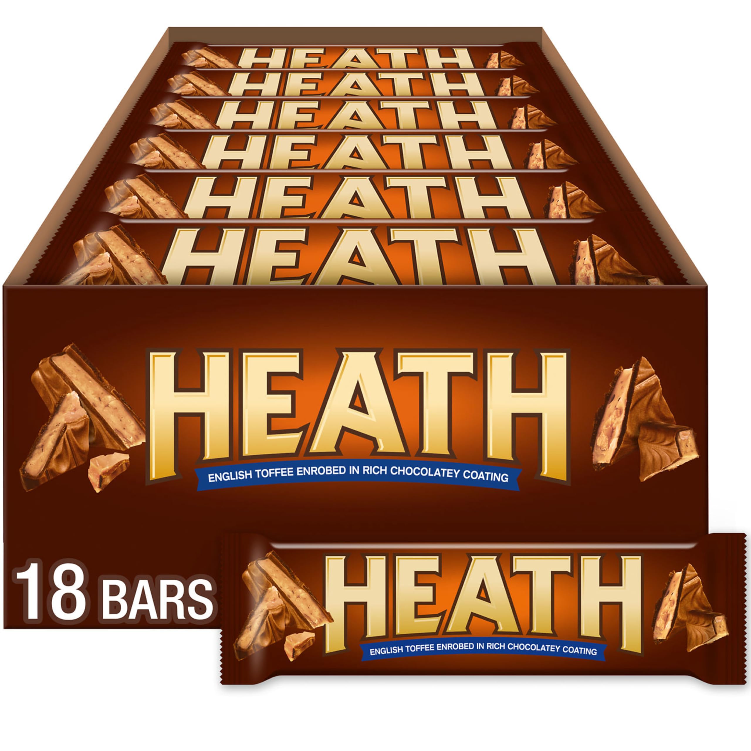 HEATH chocolatey English toffee bars in an 18-count bulk pack for sharing.