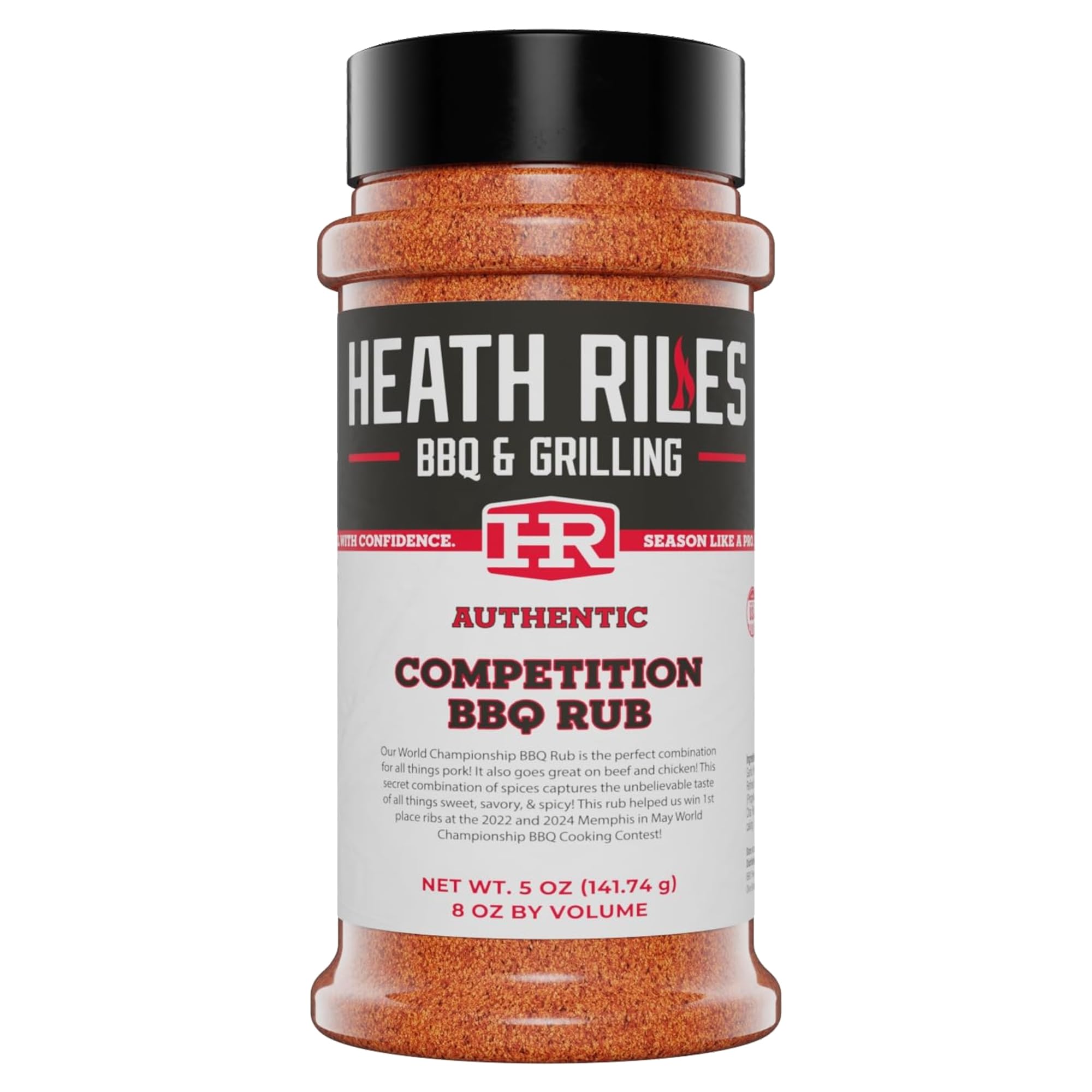 Heath Riles BBQ Rub Competition bottle pour enhances flavor for pork, beef, and chicken.