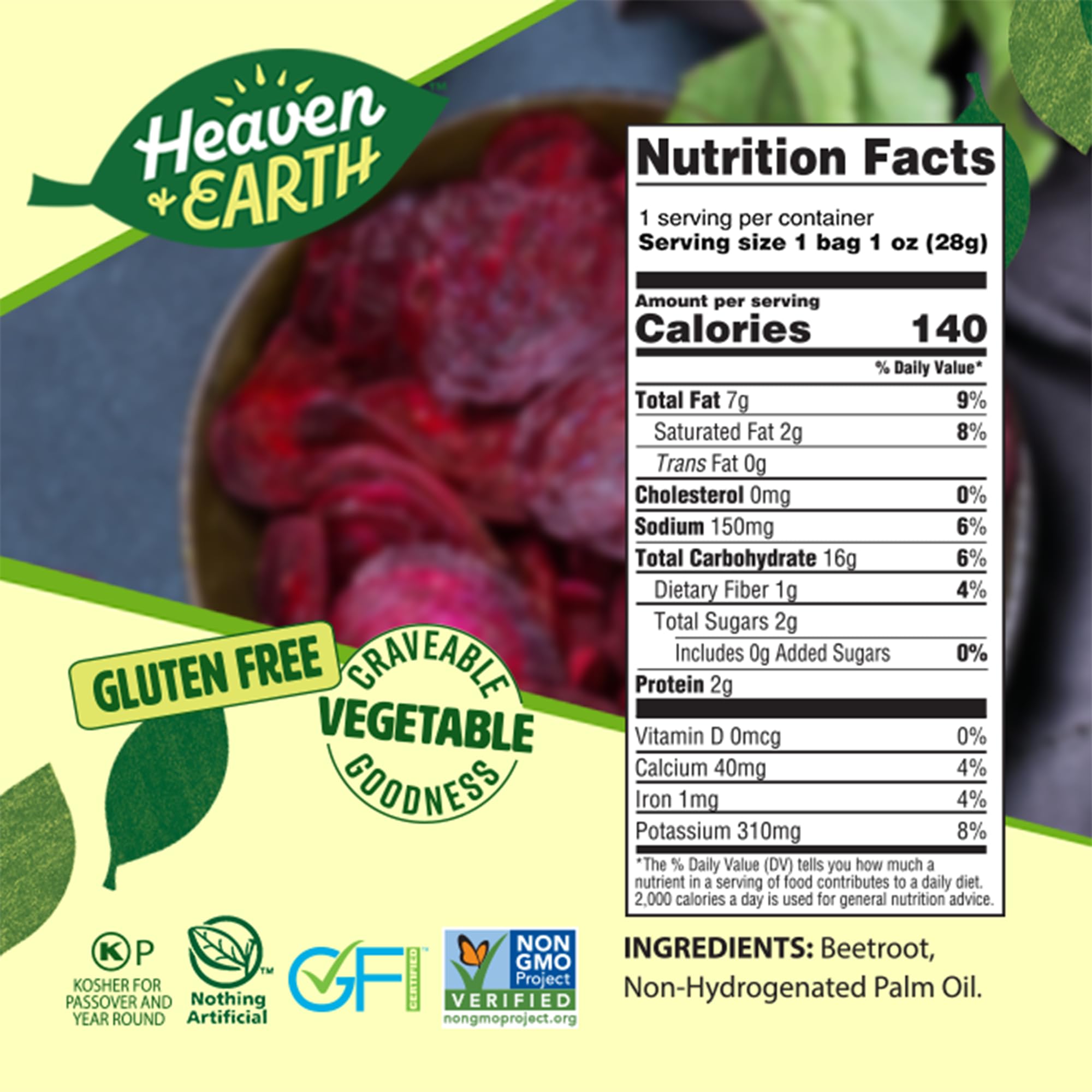 HEAVEN & EARTH Beet Chips close-up, vibrant color and light salt.