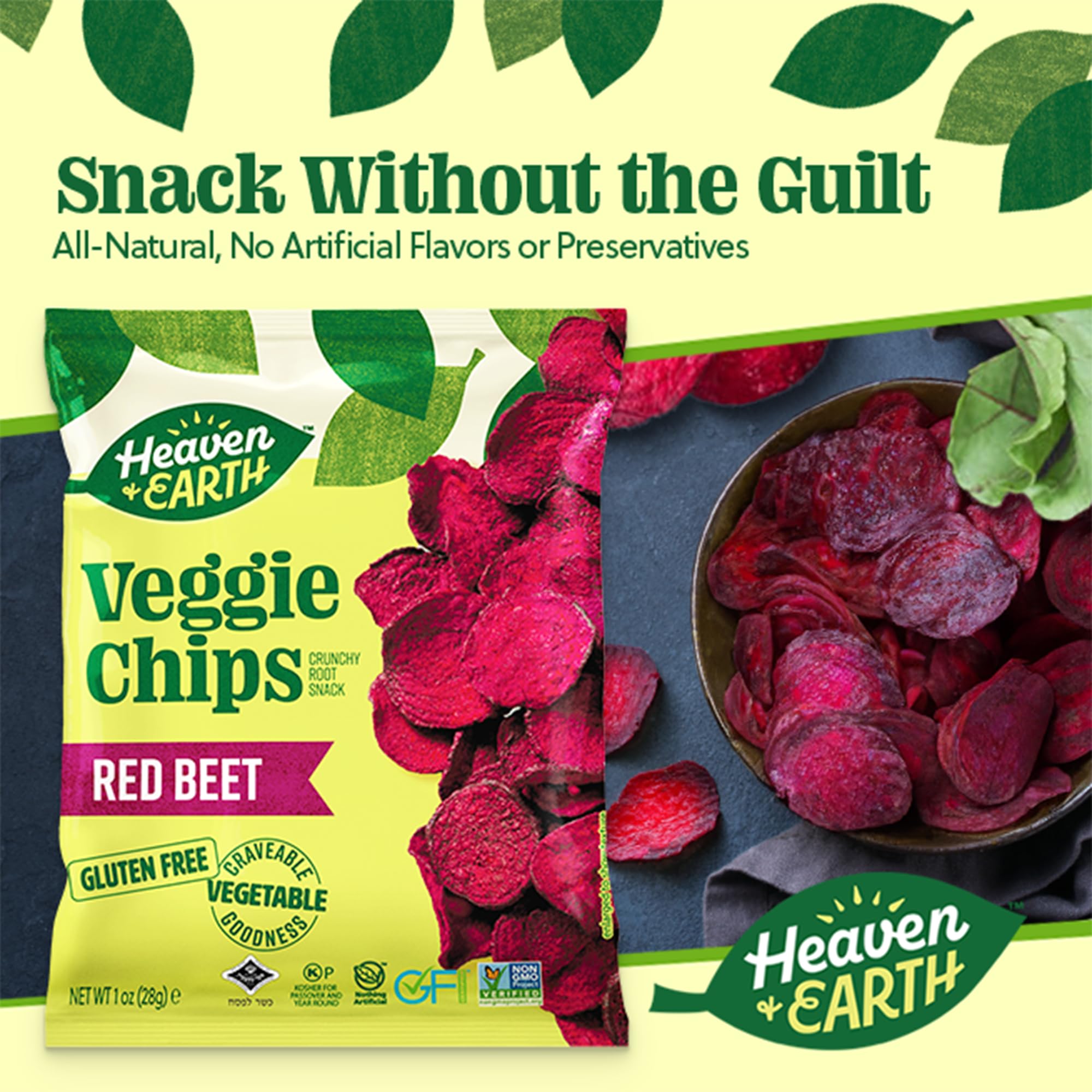 HEAVEN & EARTH Beet Chips ingredients panel, non-GMO and simple.