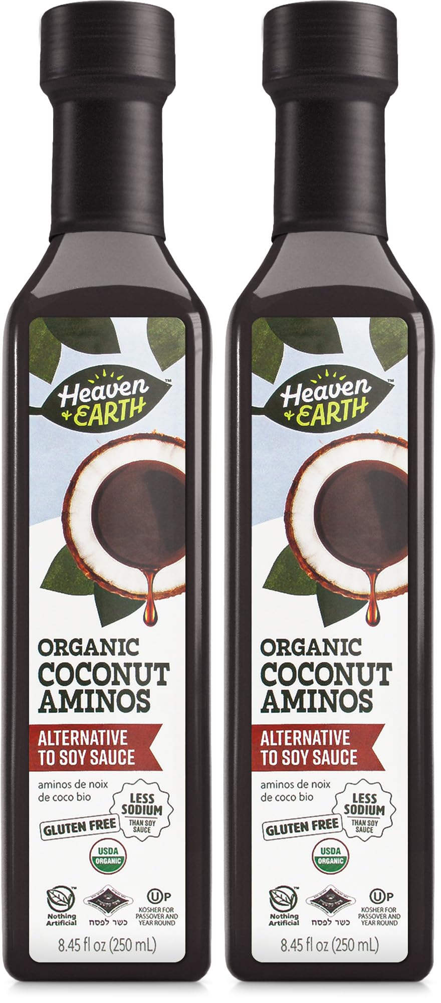 Heavent & Earth Coconut Aminos bottle close-up, soy-free flavor enhancer.