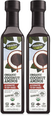 Heavent & Earth Coconut Aminos bottle close-up, soy-free flavor enhancer.