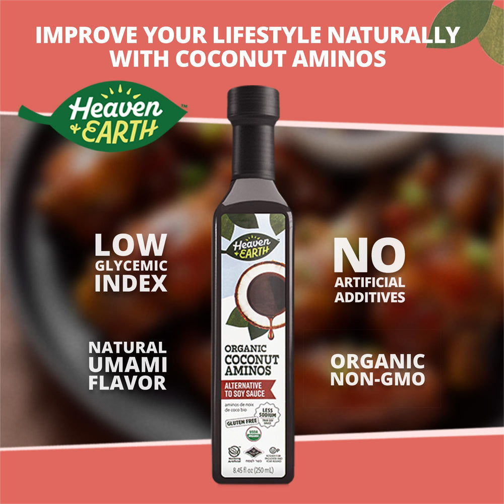 HEAVEN & EARTH Coconut Aminos bottle beside pantry staples for soy-free cooking.