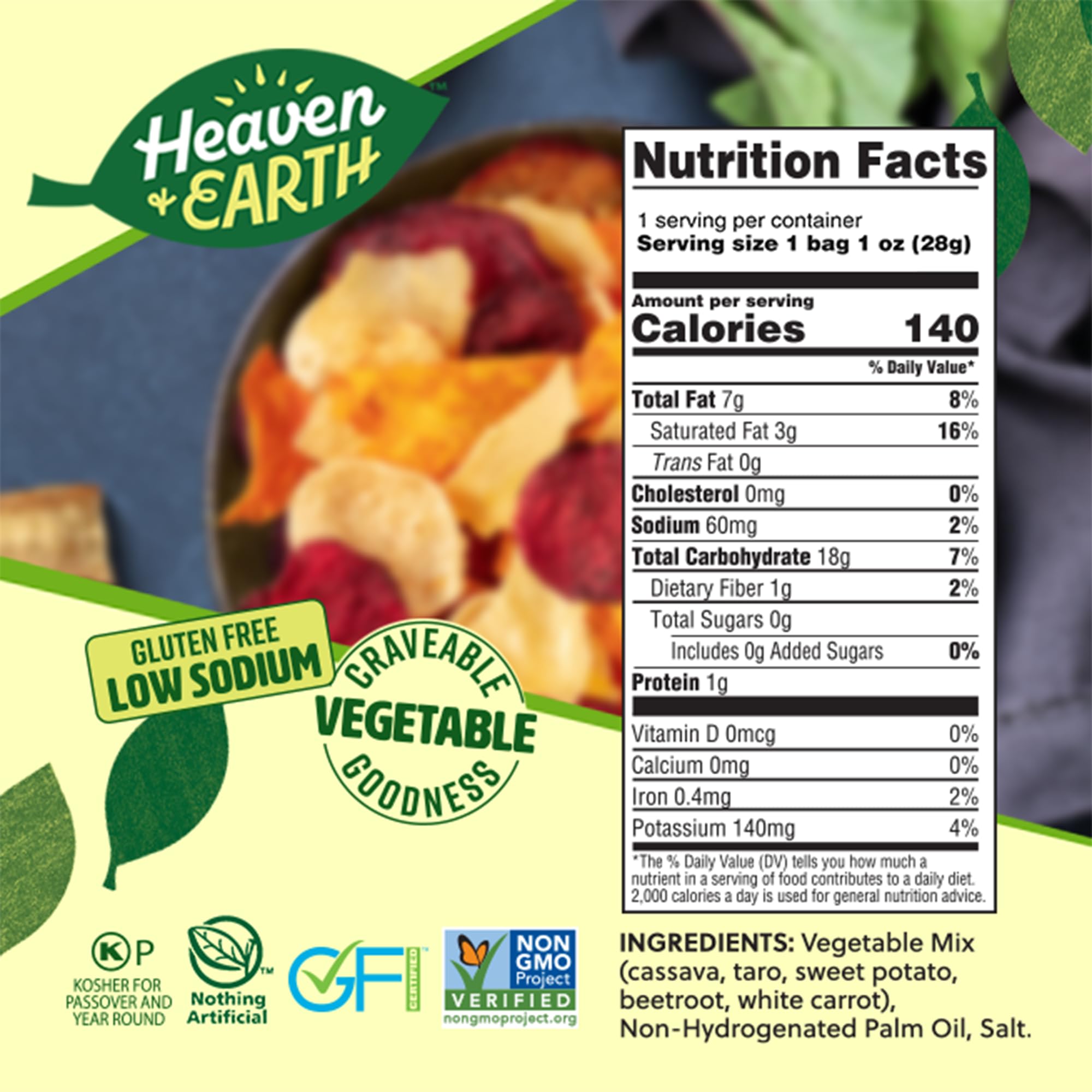 Close-up of Heaven & Earth Veggie Chips reveals thin, artisanal crisp slices.