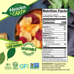 Close-up of Heaven & Earth Veggie Chips reveals thin, artisanal crisp slices.