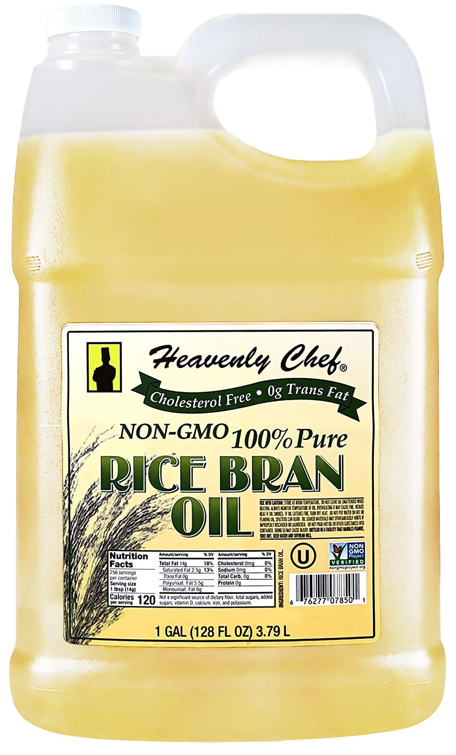 Heavenly Chef Rice Bran Oil 1gal bottle, ideal for high-heat frying and light flavor