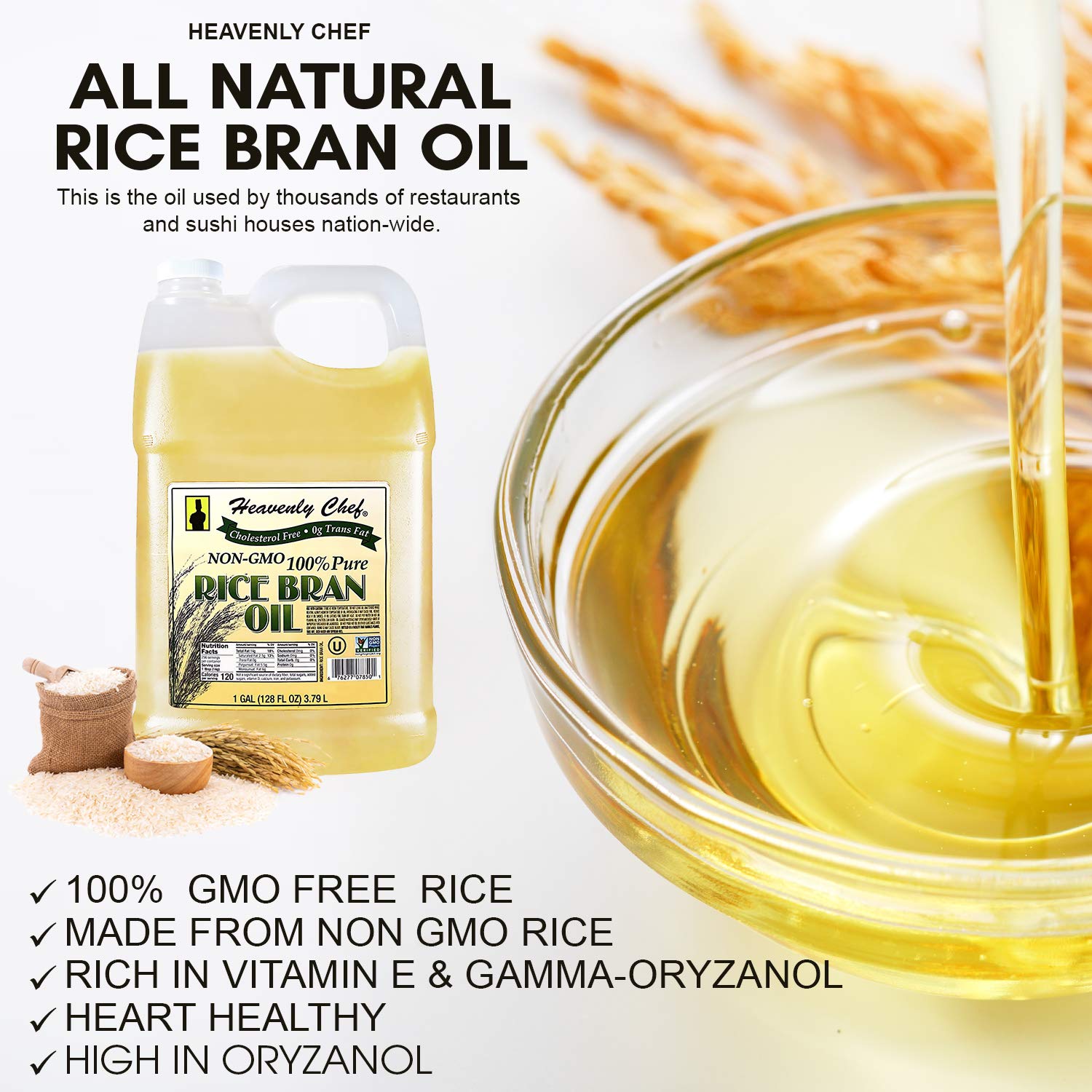 Heavenly Chef Rice Bran Oil 1gal frying, produces crisp finish for tempura