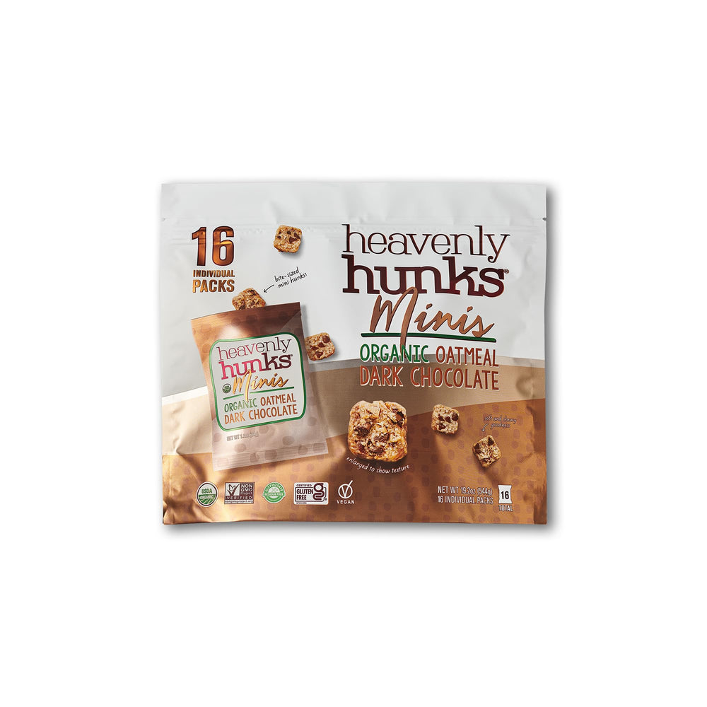 Heavenly Hunks organic mini bags for on-the-go snacking with wholesome ingredients.