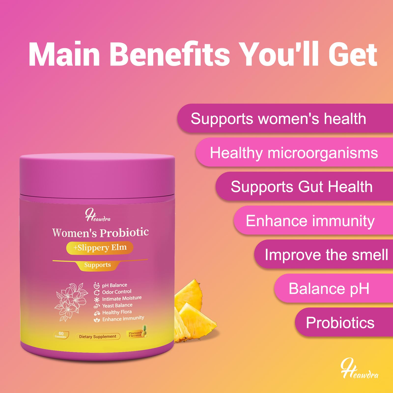 Heawdra Her Juicy ingredients close-up with clean vegetarian formula
