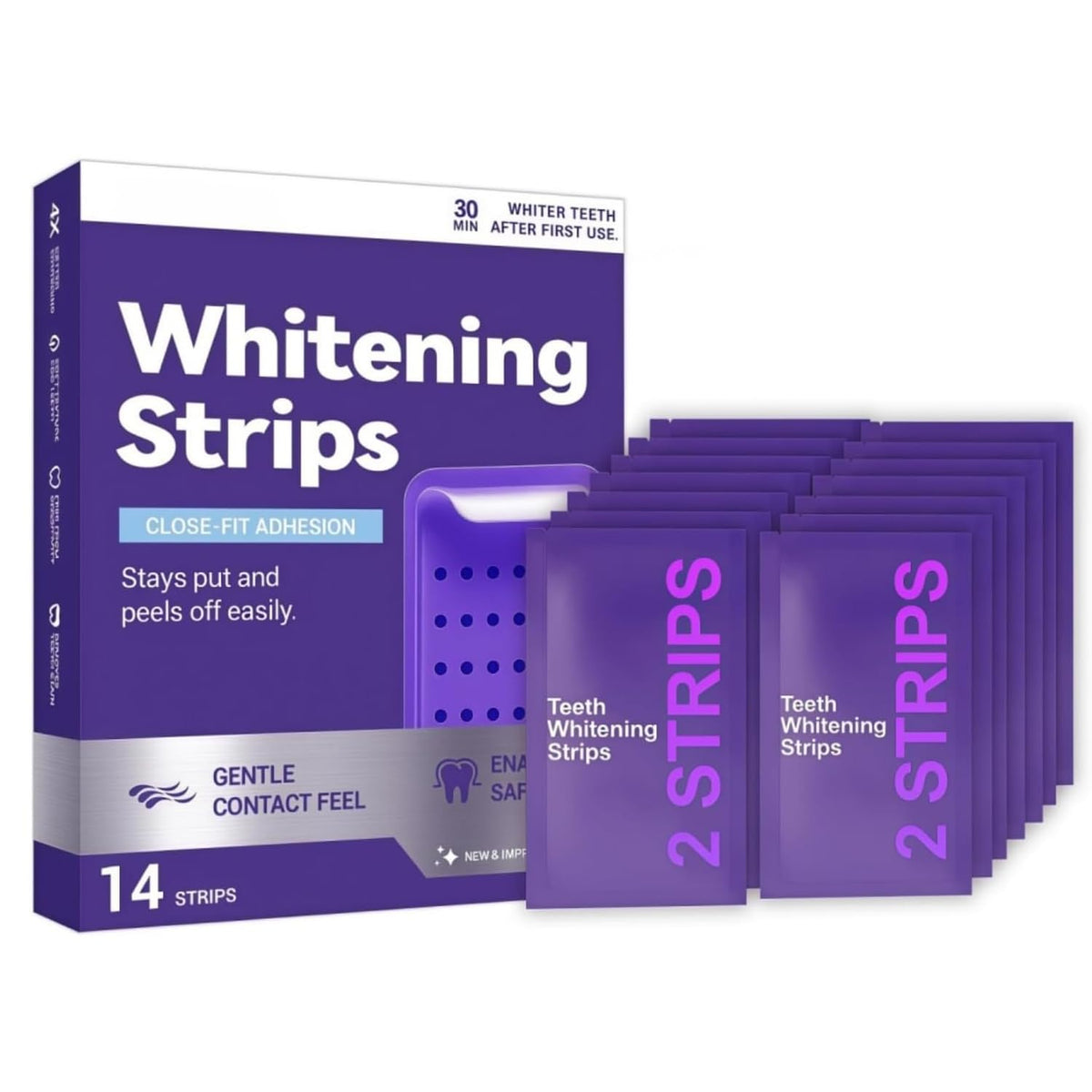HEDGAUCP purple teeth whitening strips 14-pack for easy daily at-home use.
