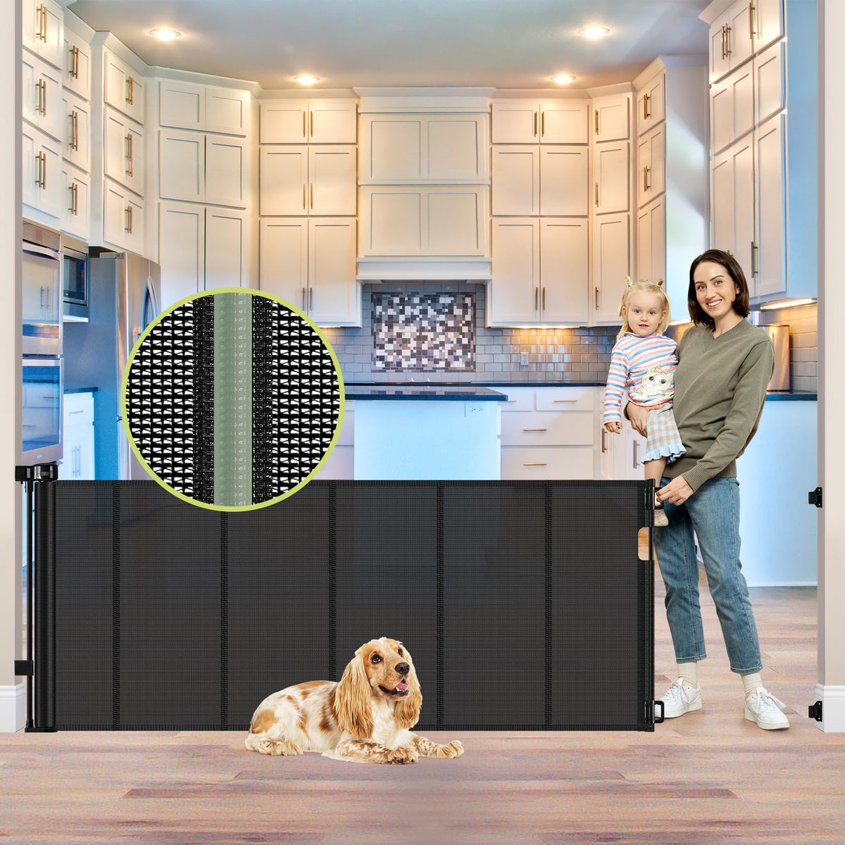 HEELALBABY reinforced 80inch gate mesh secures wide openings for babies and pets.
