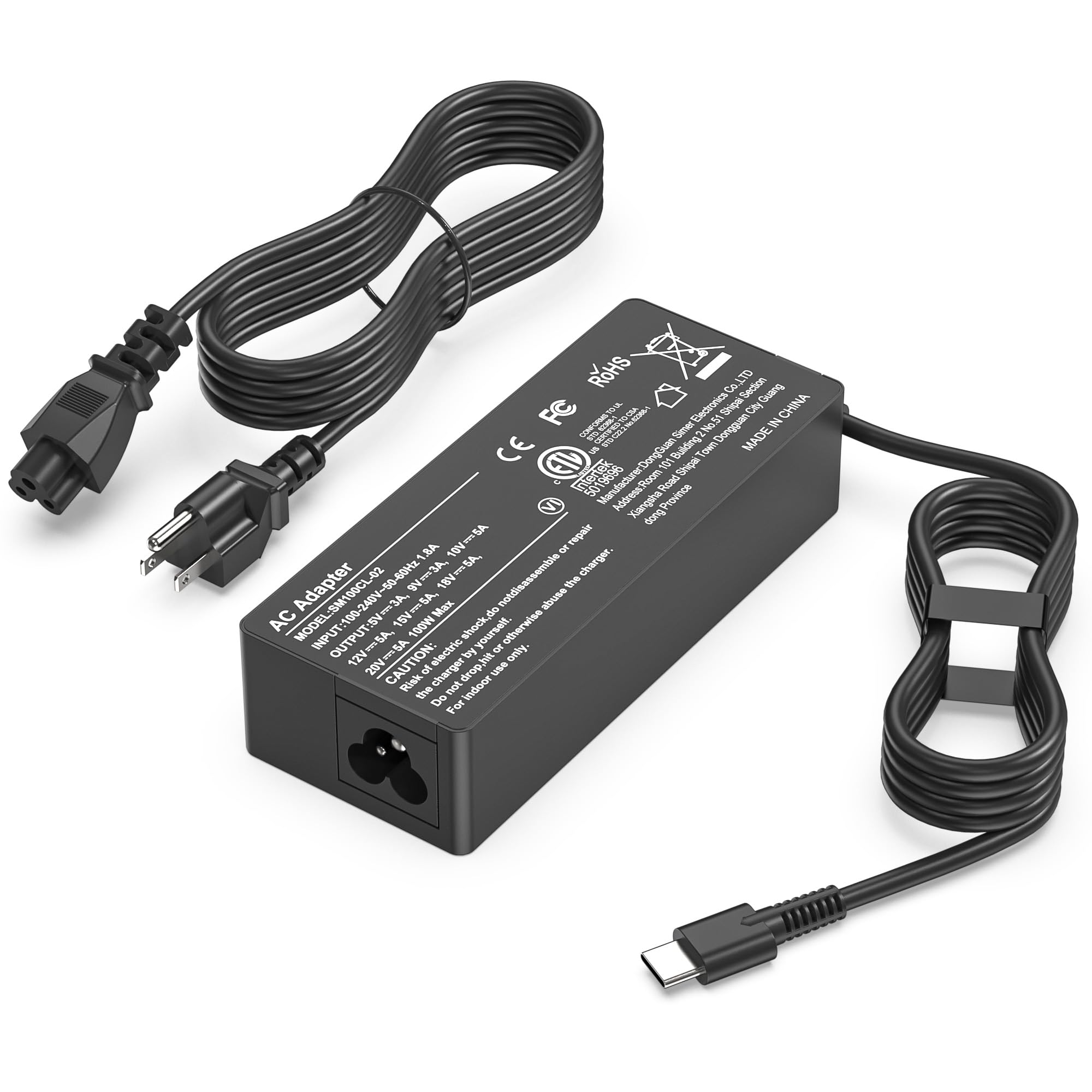Heesky 100W USB-C laptop charger front view showing universal compatibility for multiple devices.