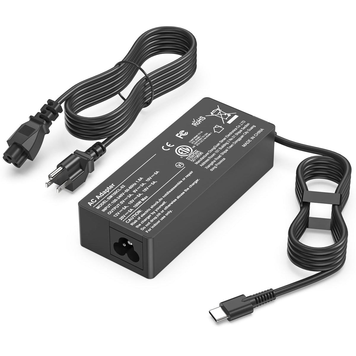 Heesky 100W USB-C laptop charger front view showing universal compatibility for multiple devices.