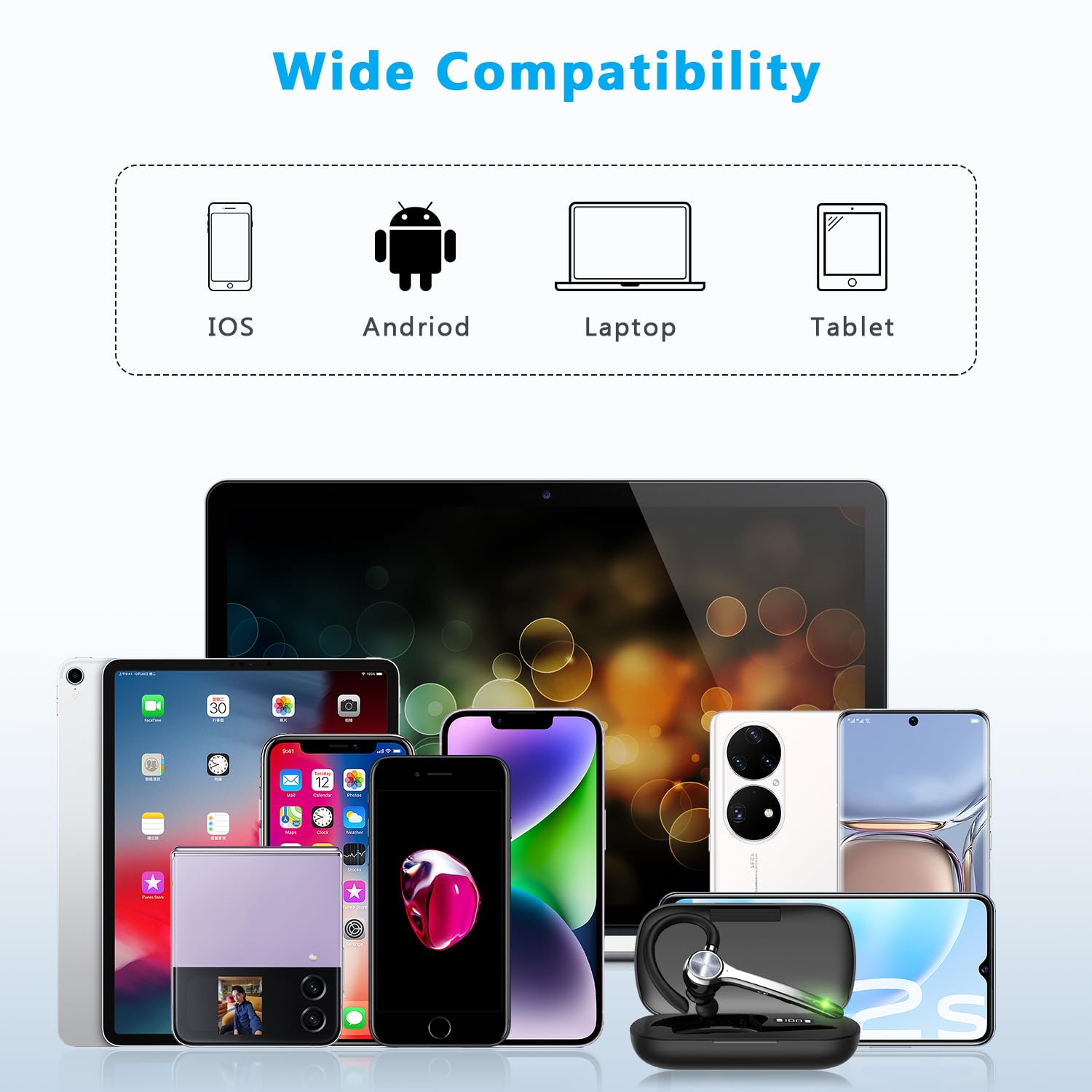 HEIBAS bundle includes headset, case, tips, USB-C cable, and guide.