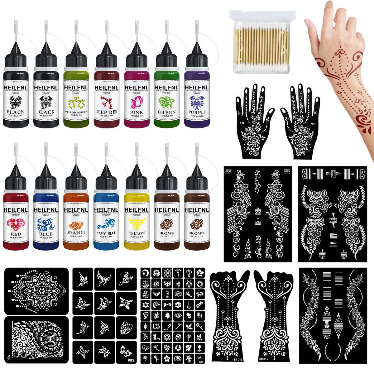 HEILFNL tattoo kit with 14 color inks for bold, long-lasting temporary designs.