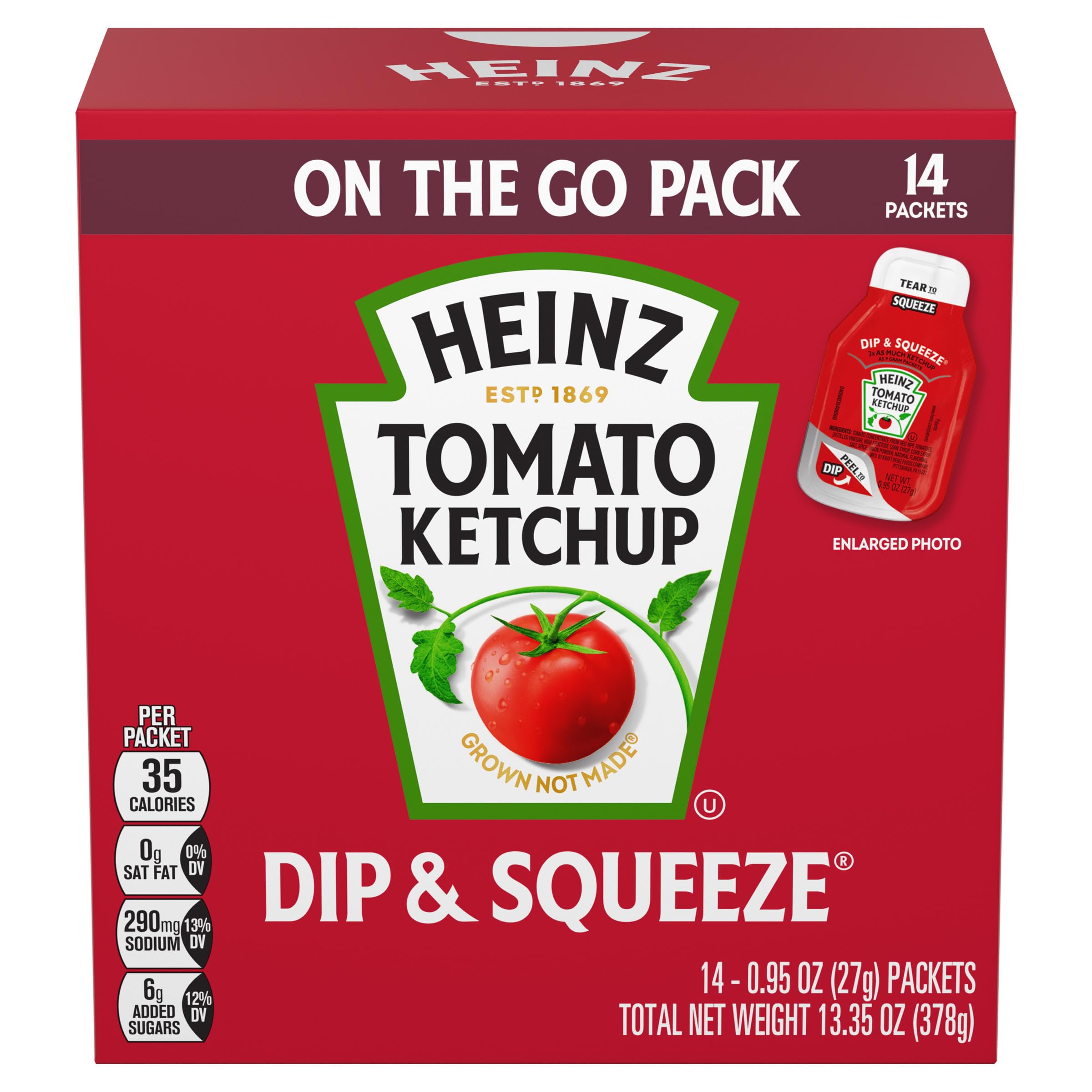 HEINZ Dip & Squeeze ketchup packet offers convenient single-serve topping for burgers and fries.