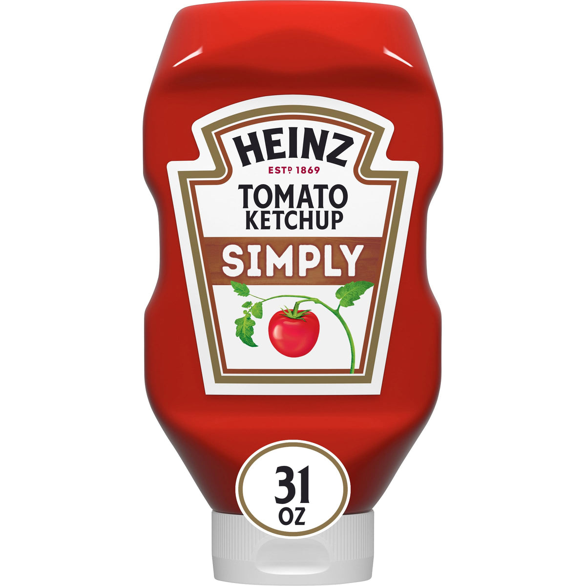 Heinz Simply Tomato Ketchup 31oz bottle ready for family meals with steady squeeze.