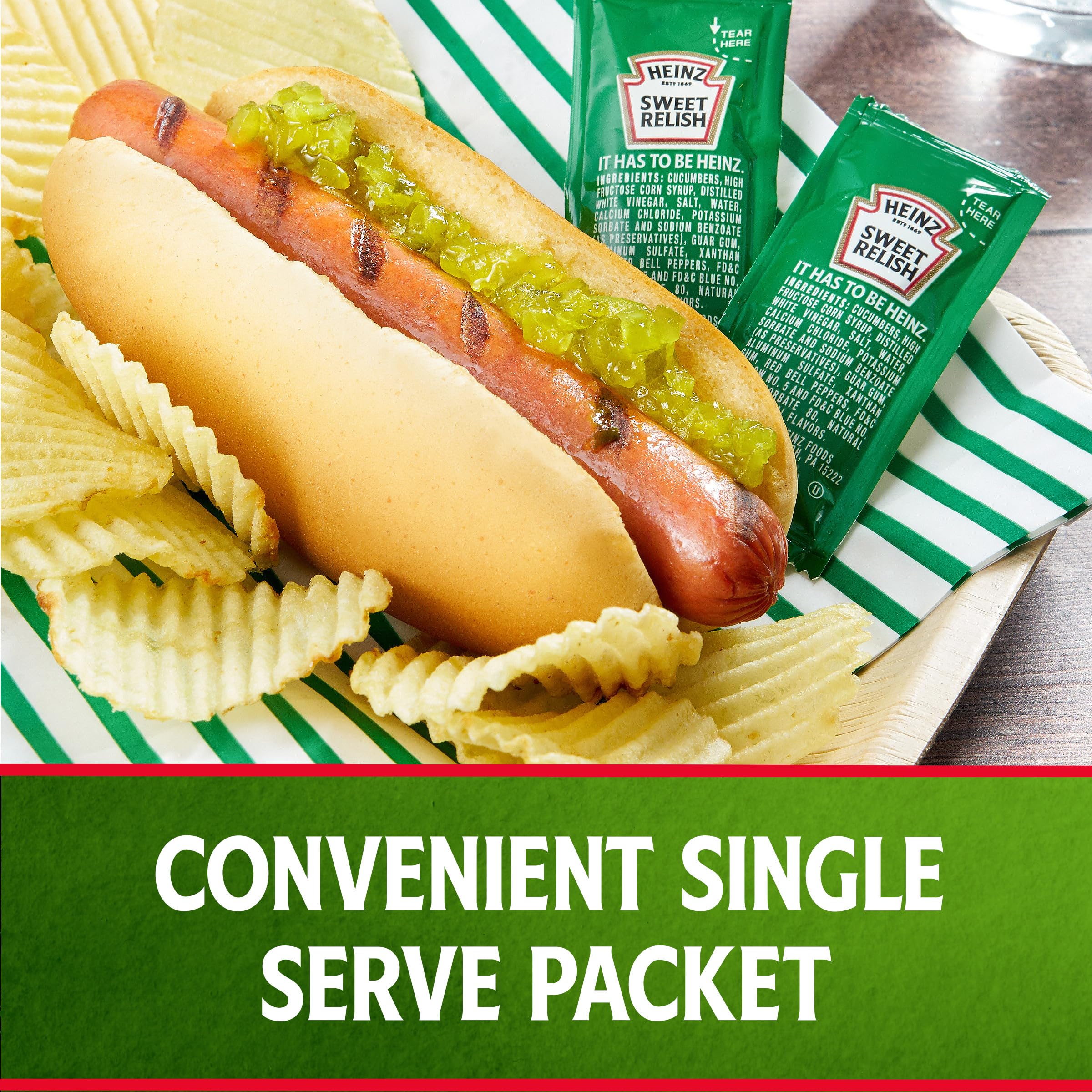 HEINZ Sweet Relish packet pour close-up showing tangy drizzle.