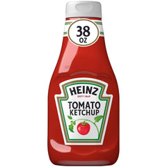 Heinz Tomato Ketchup 38 oz bottle pouring smoothly over a hot dog