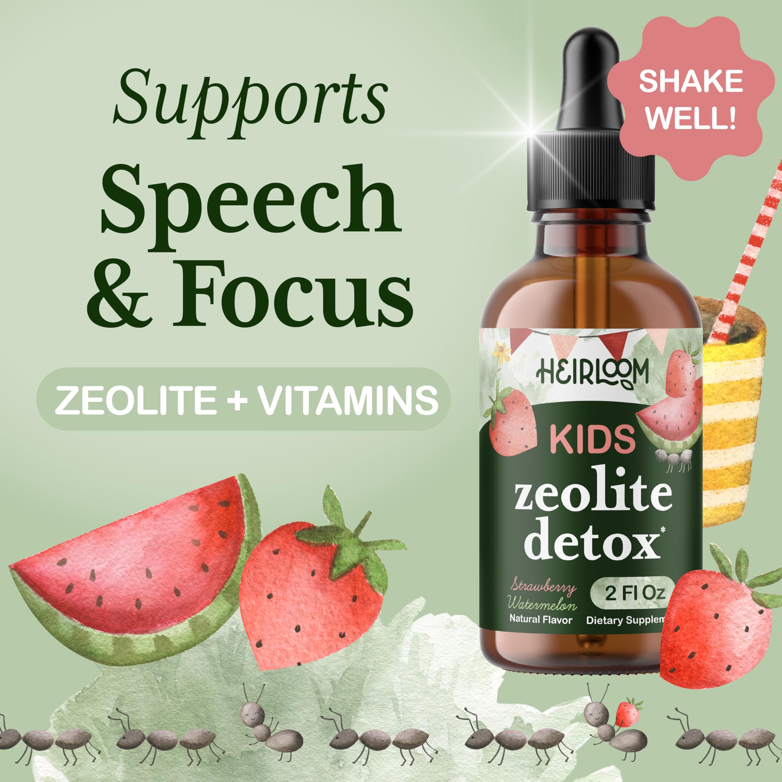Dropper cap shows an easy 1 ml daily dose for Heirloom detox for Kids.