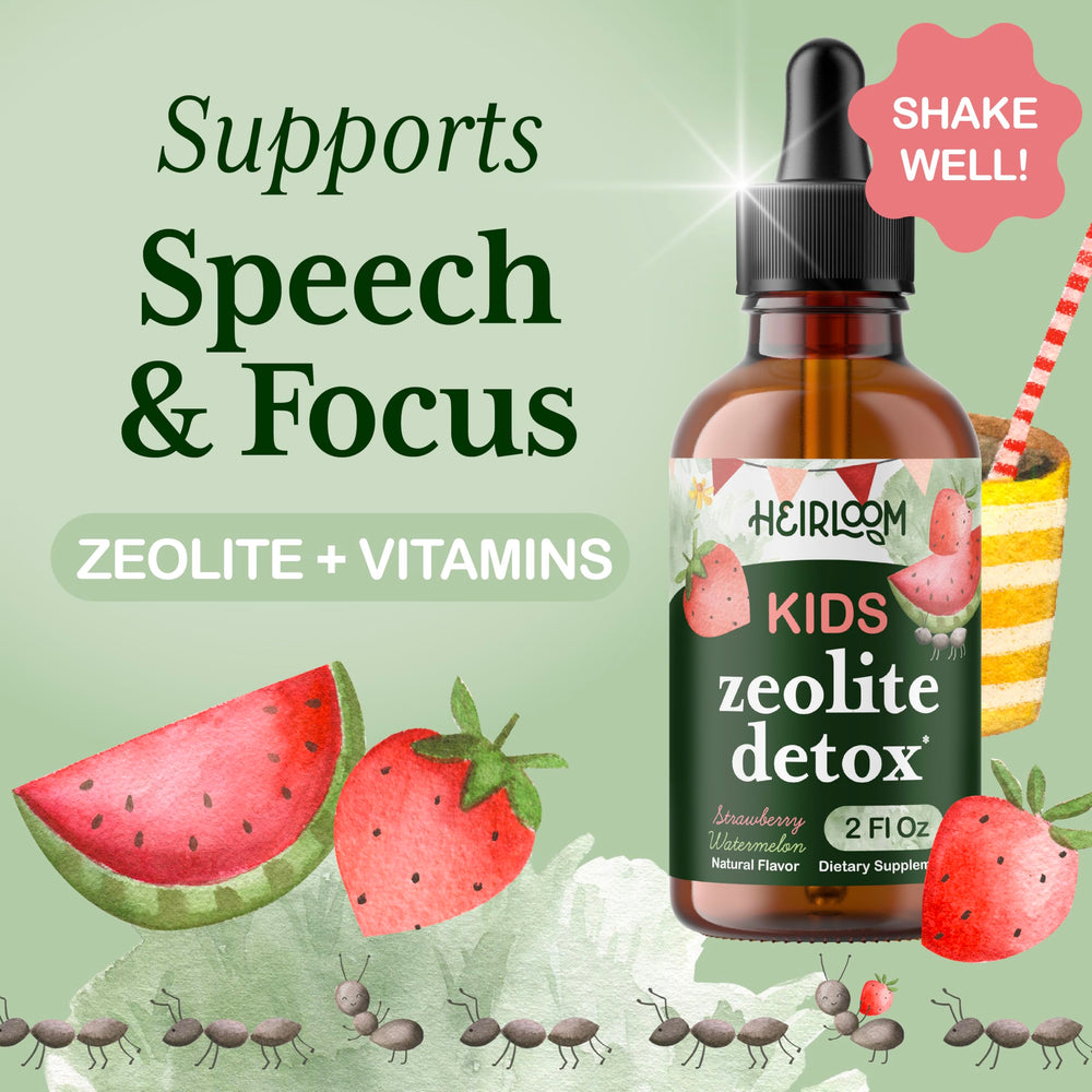 Dropper cap shows an easy 1 ml daily dose for Heirloom detox for Kids.