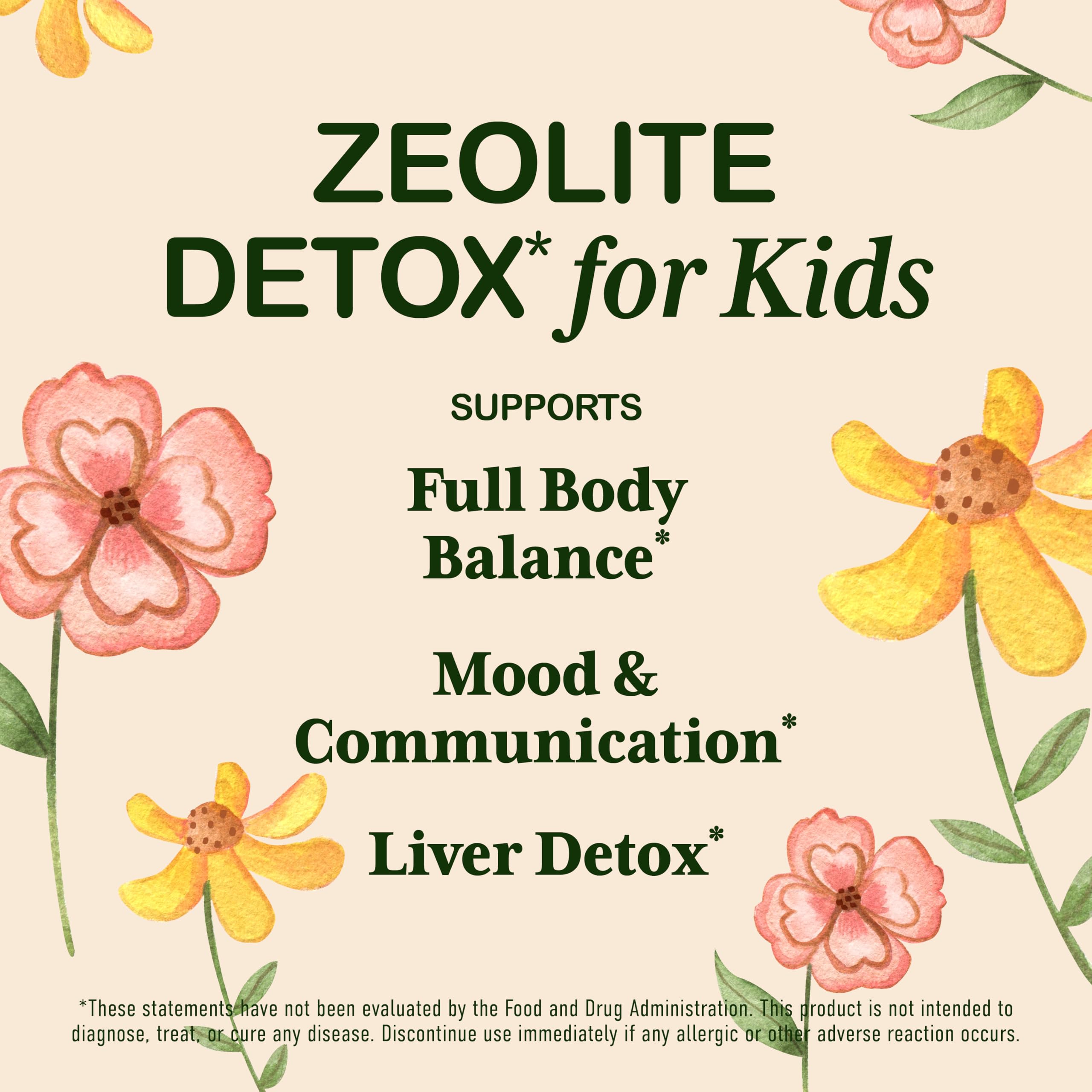 Strawberry watermelon flavor label on Heirloom Zeolite Detox for Kids supports kid-friendly taste.