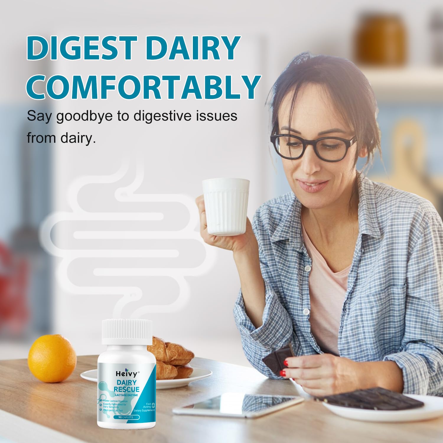 Opened bottle with caplets ready to help break down lactose.