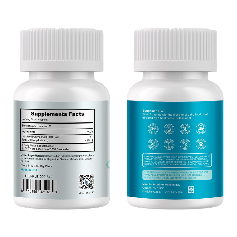 Close-up of Heivy Pure Lactase 9000 caplets offering gentle dairy support.
