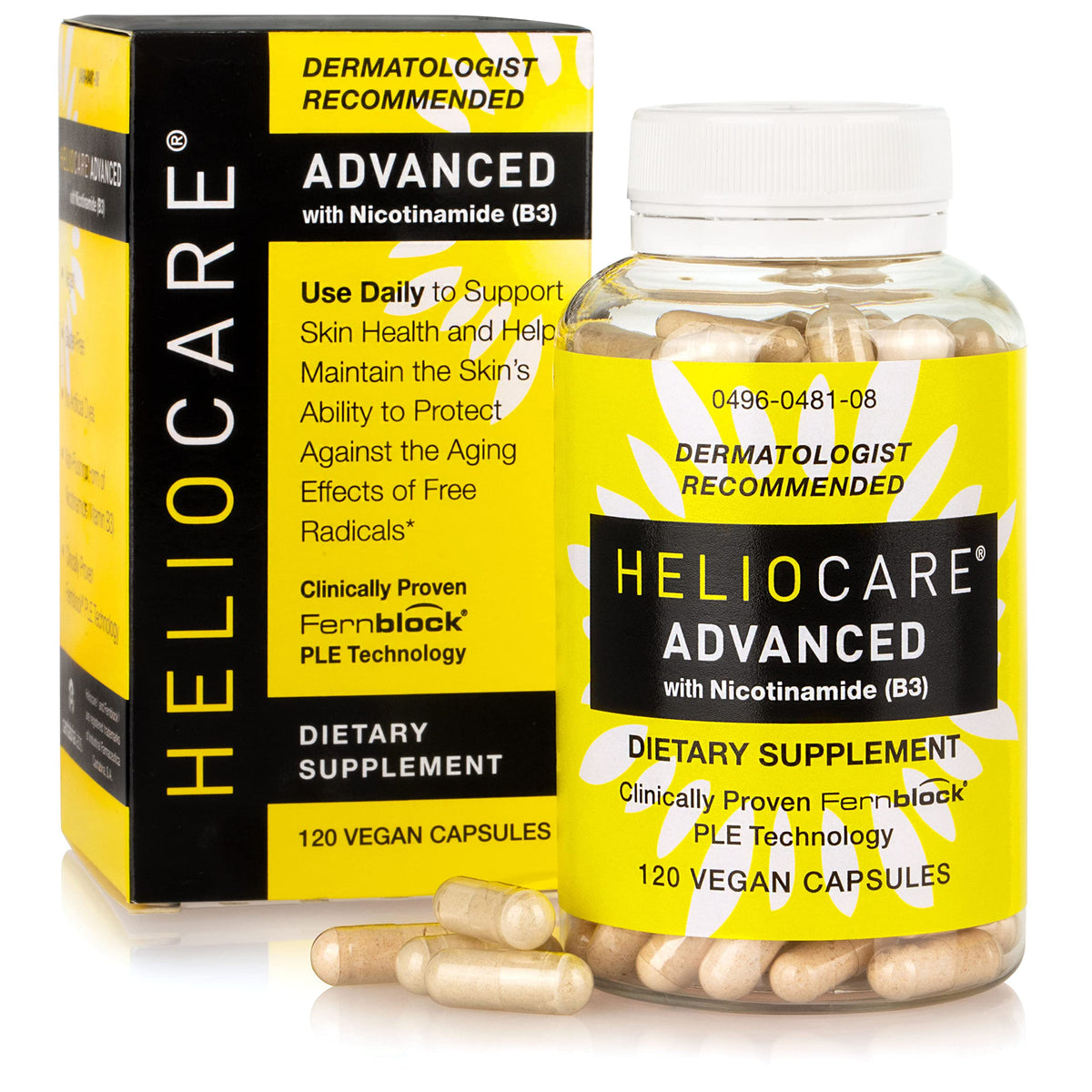 Heliocare Advanced Niacin B3 capsules in bottle signaling antioxidant support for skin.
