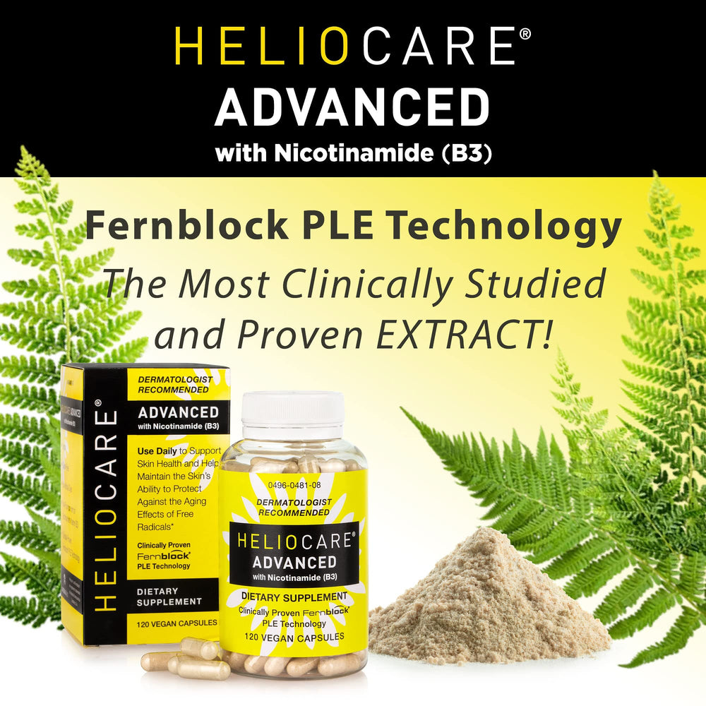 Heliocare Advanced Niacin B3 routine shown in outdoor sun scene.
