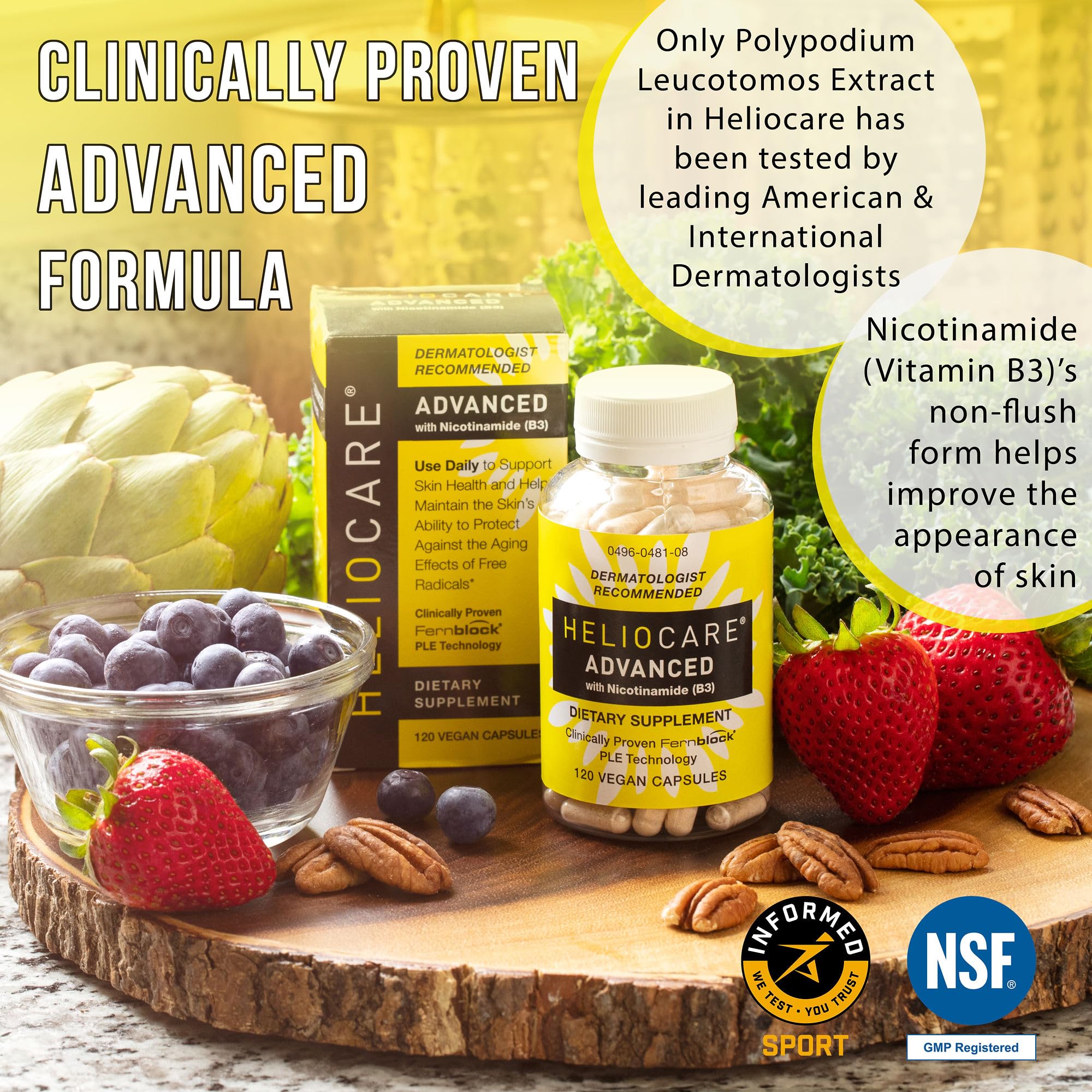 Heliocare Advanced two-capsule daily serving shown for daily use.