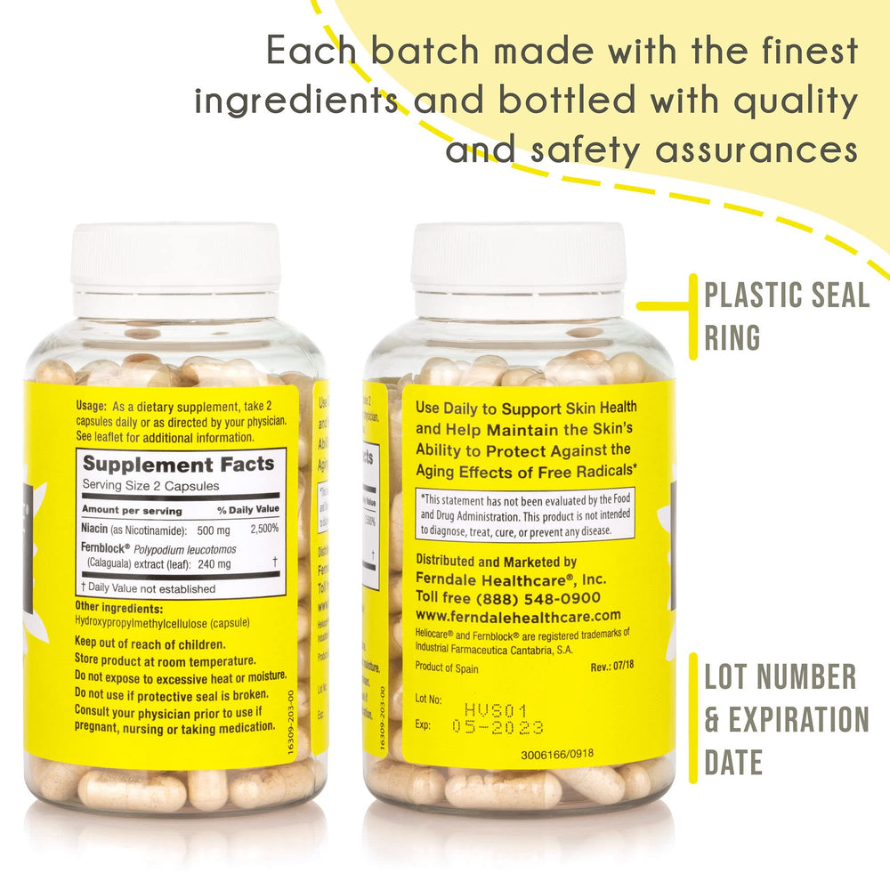 Heliocare Fernblock PLE extract close-up with 240 mg per serving indication.