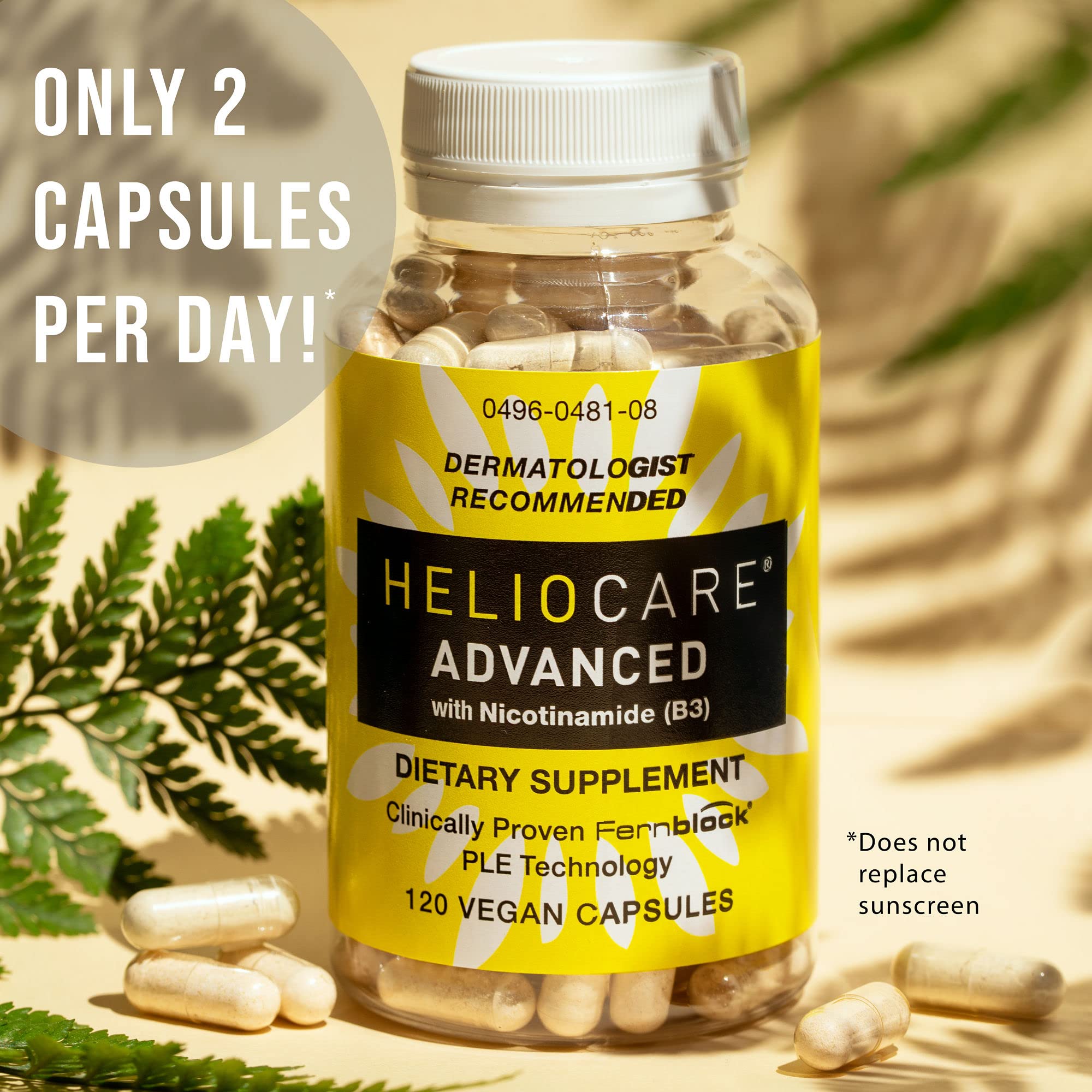 Heliocare bottle alongside sunscreen reminder for pairing.